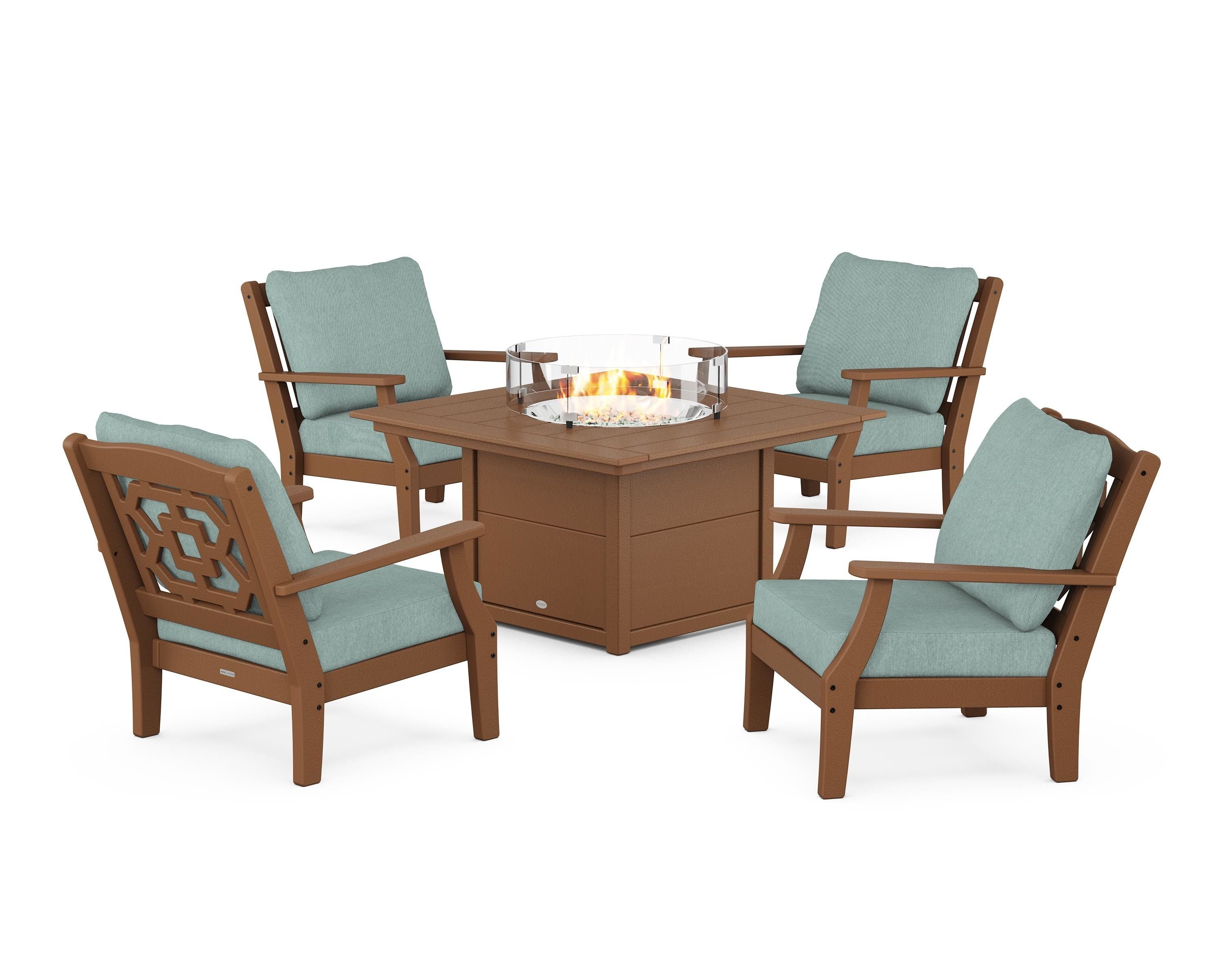 Martha Stewart by POLYWOOD Chinoiserie 5-Piece Deep Seating Set with Fire Pit Table in Teak / Glacier Spa