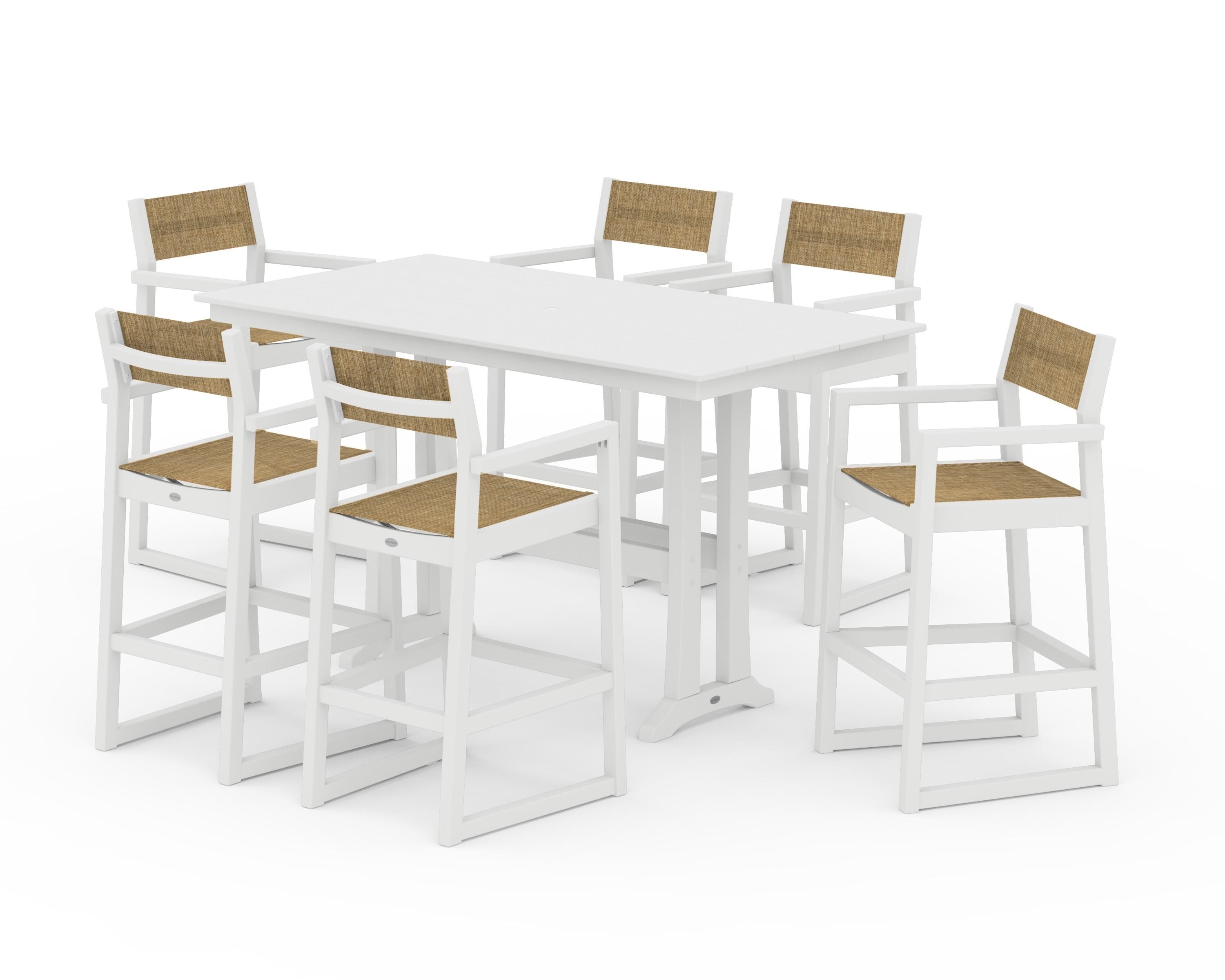 POLYWOOD EDGE Sling Arm Chair 7-Piece Farmhouse Bar Set with Trestle Legs in White / Burlap Sling