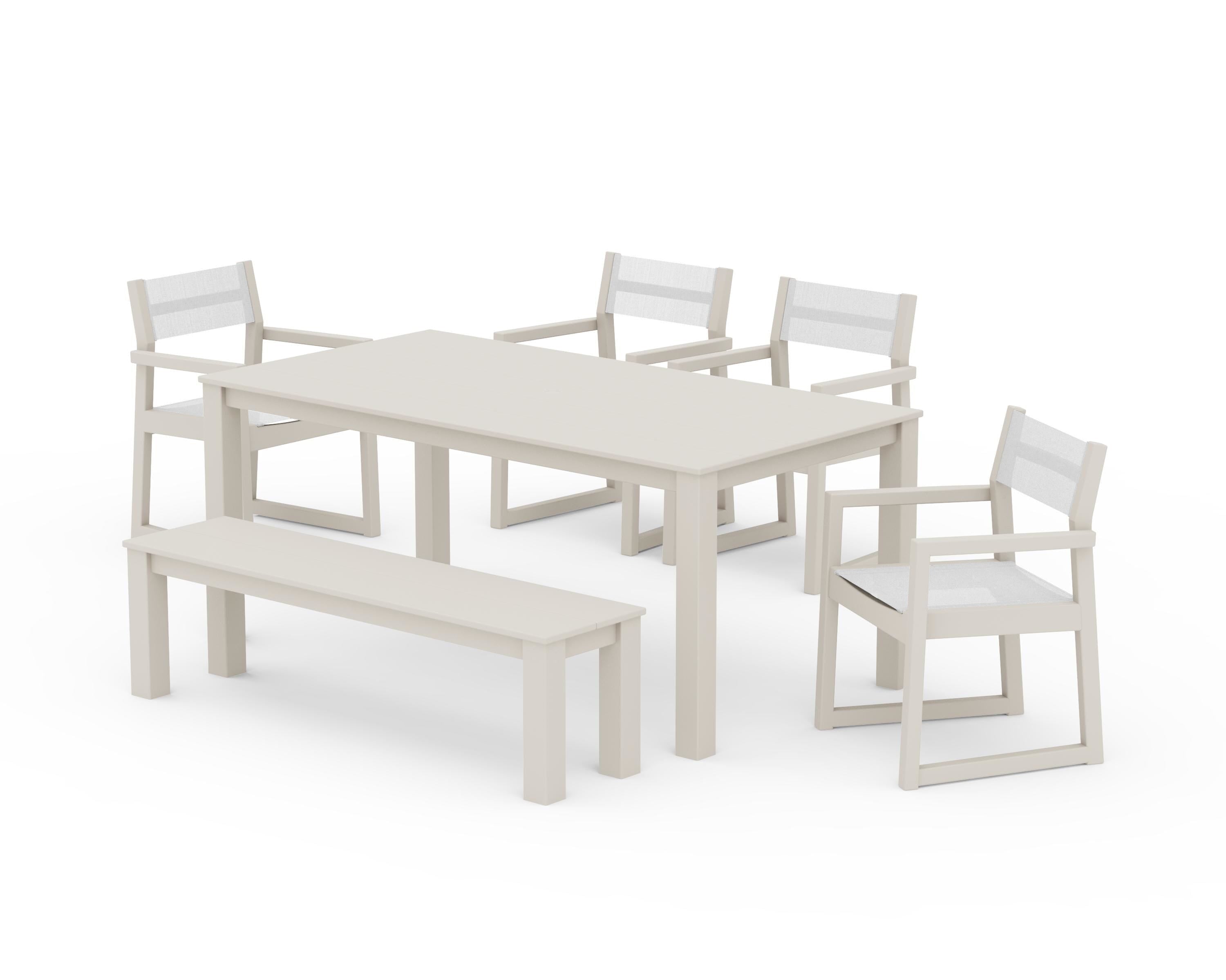 POLYWOOD EDGE Sling Arm Chair 6-Piece Parsons Dining Set with Bench in Sand / White Sling