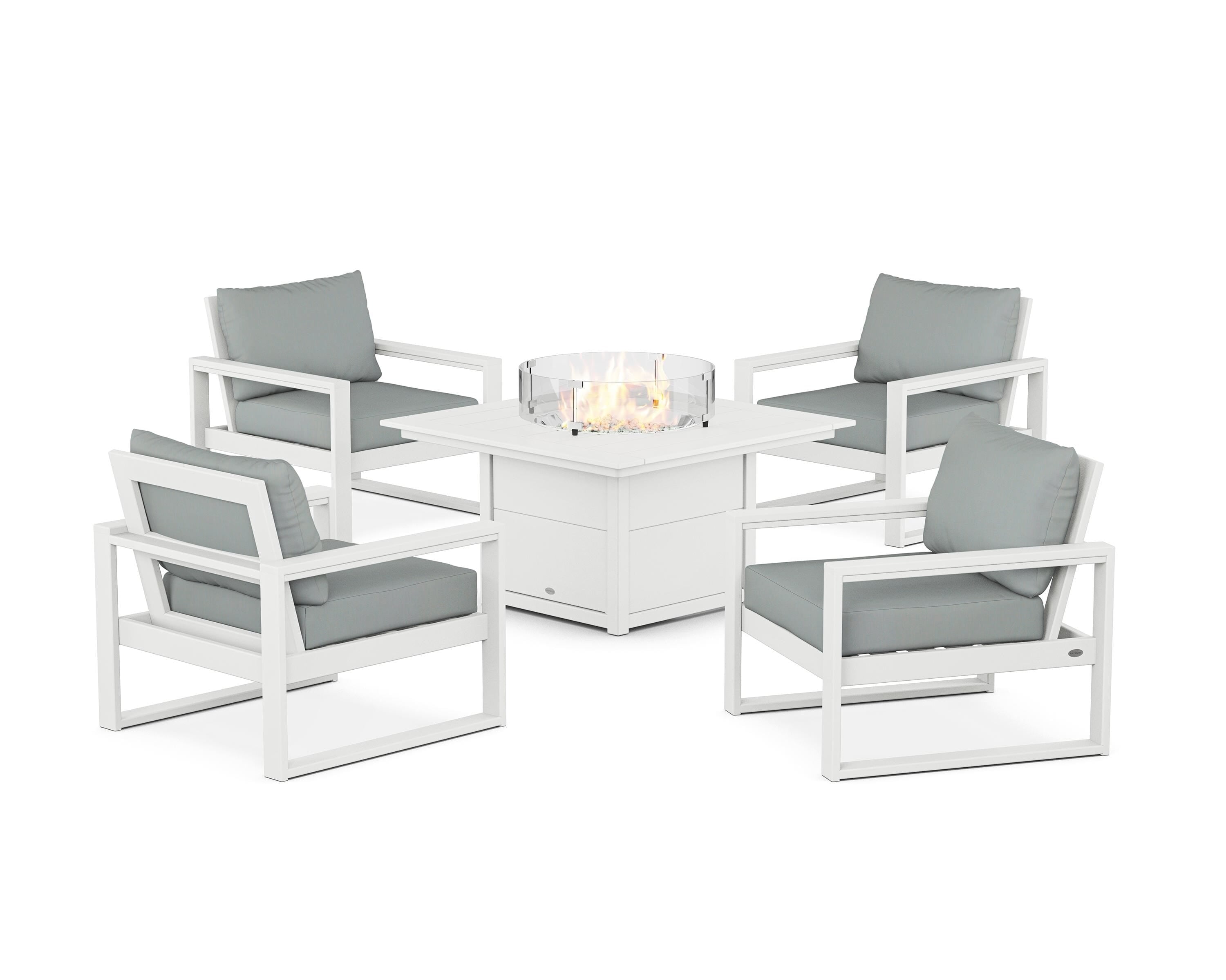 POLYWOOD EDGE Sectional 5-Piece Deep Seating Set with Fire Pit Table in White / Spa
