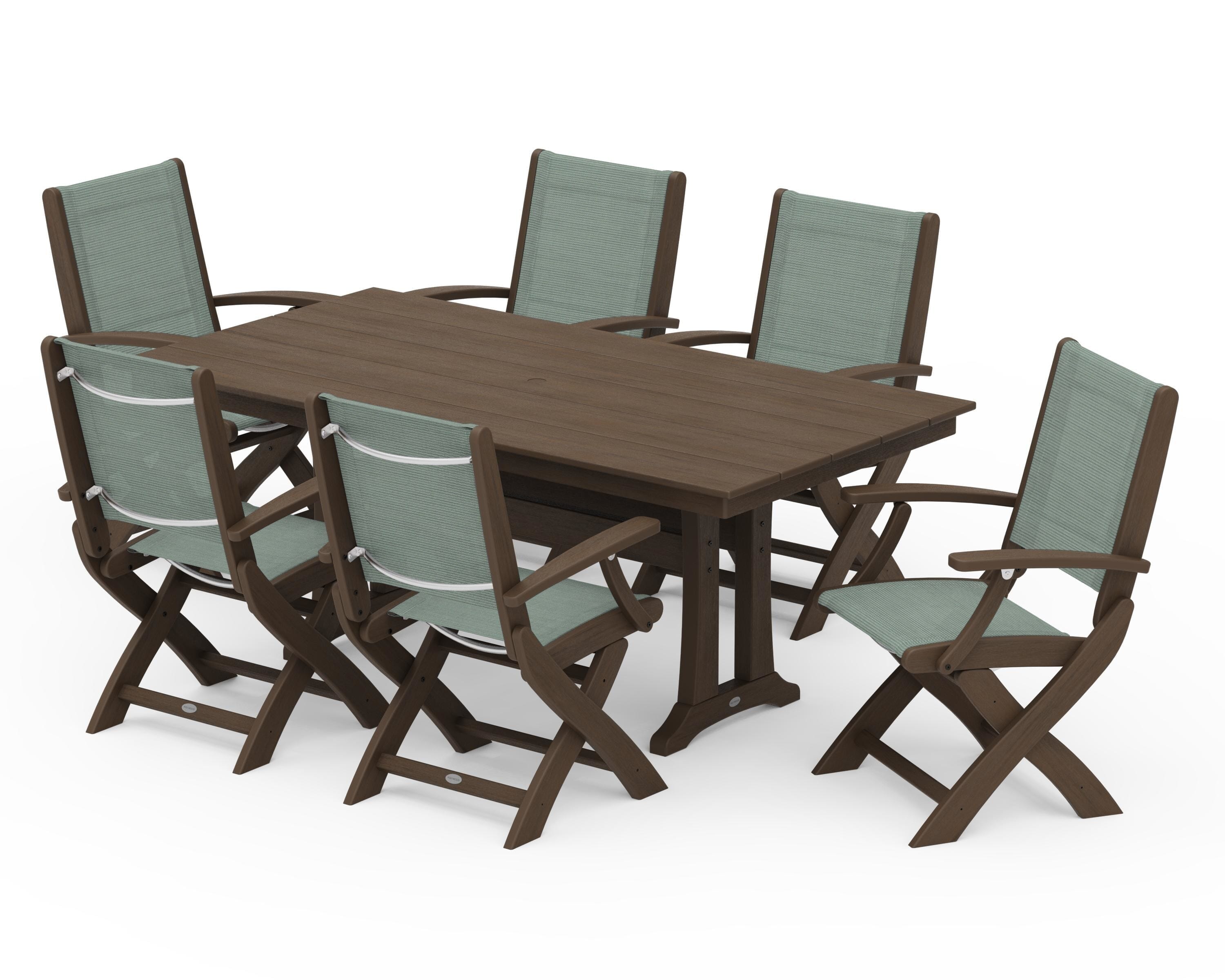 POLYWOOD Coastal Folding Arm Chair 7-Piece Farmhouse Dining Set with Trestle Legs in Kona / Dupioni Sea Mist Sling
