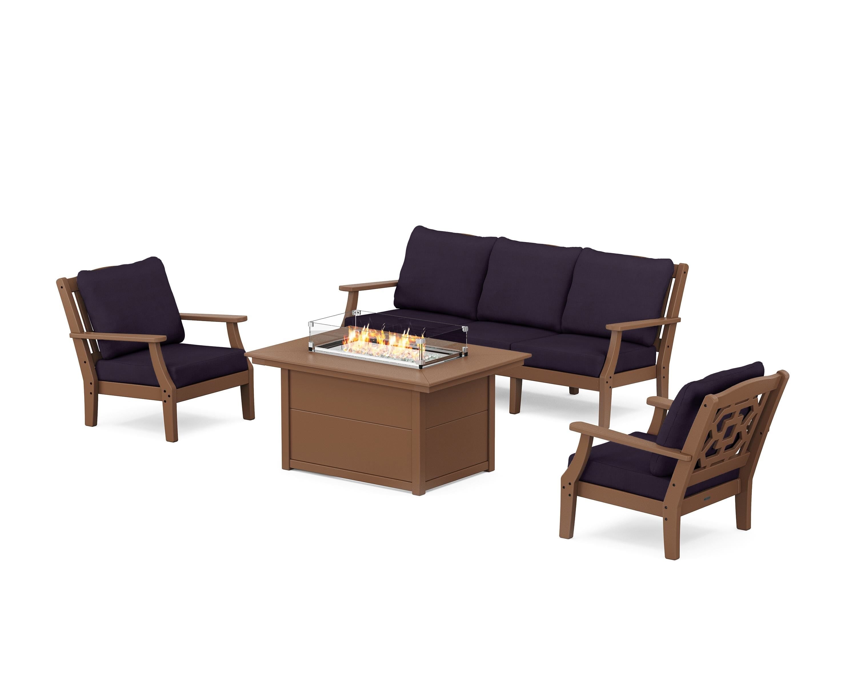 Martha Stewart by POLYWOOD Chinoiserie Deep Seating Fire Pit Table Set in Teak / Navy Linen