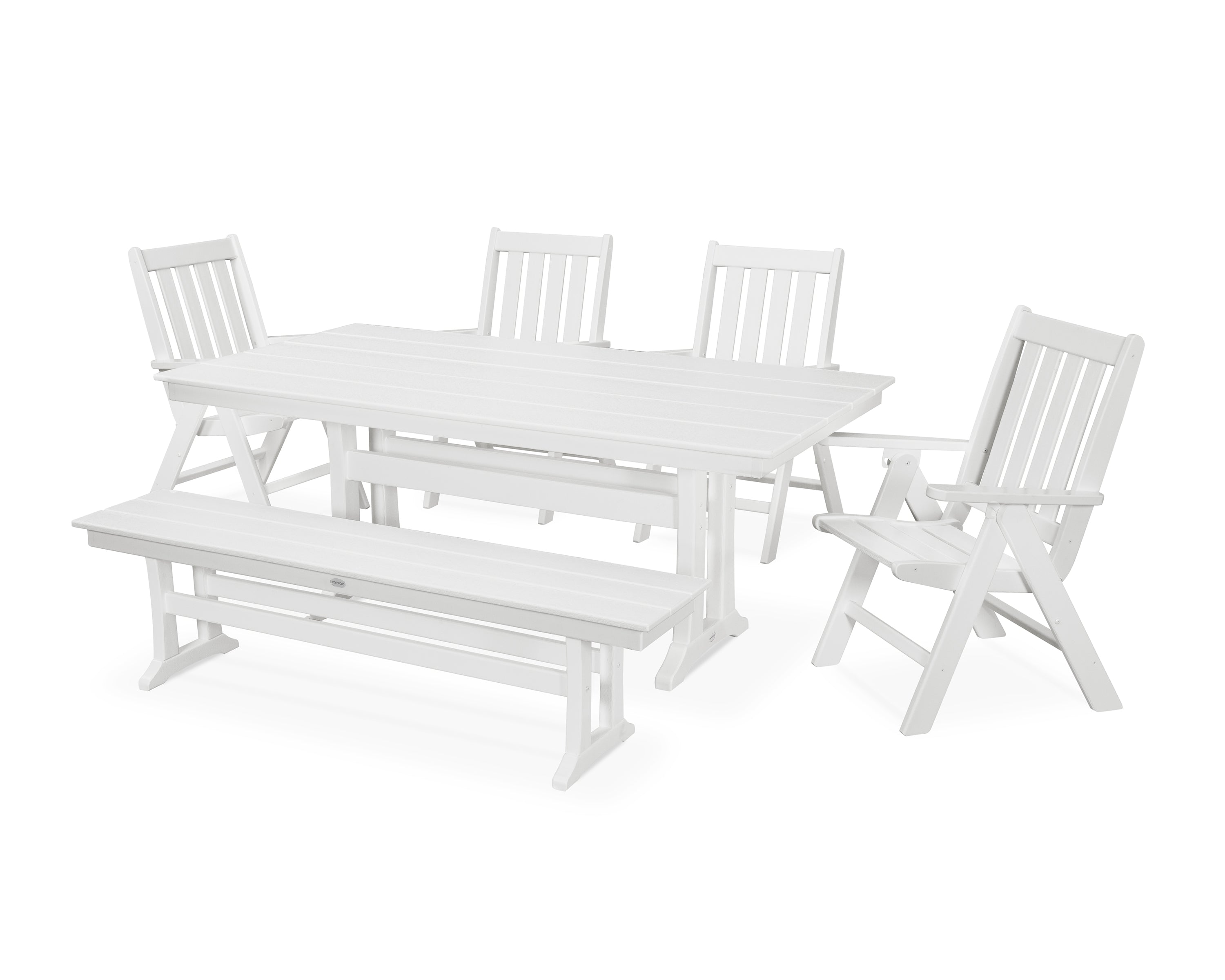 POLYWOOD® Vineyard 6-Piece Folding Chair Farmhouse Dining Set with Trestle Legs and Bench in White