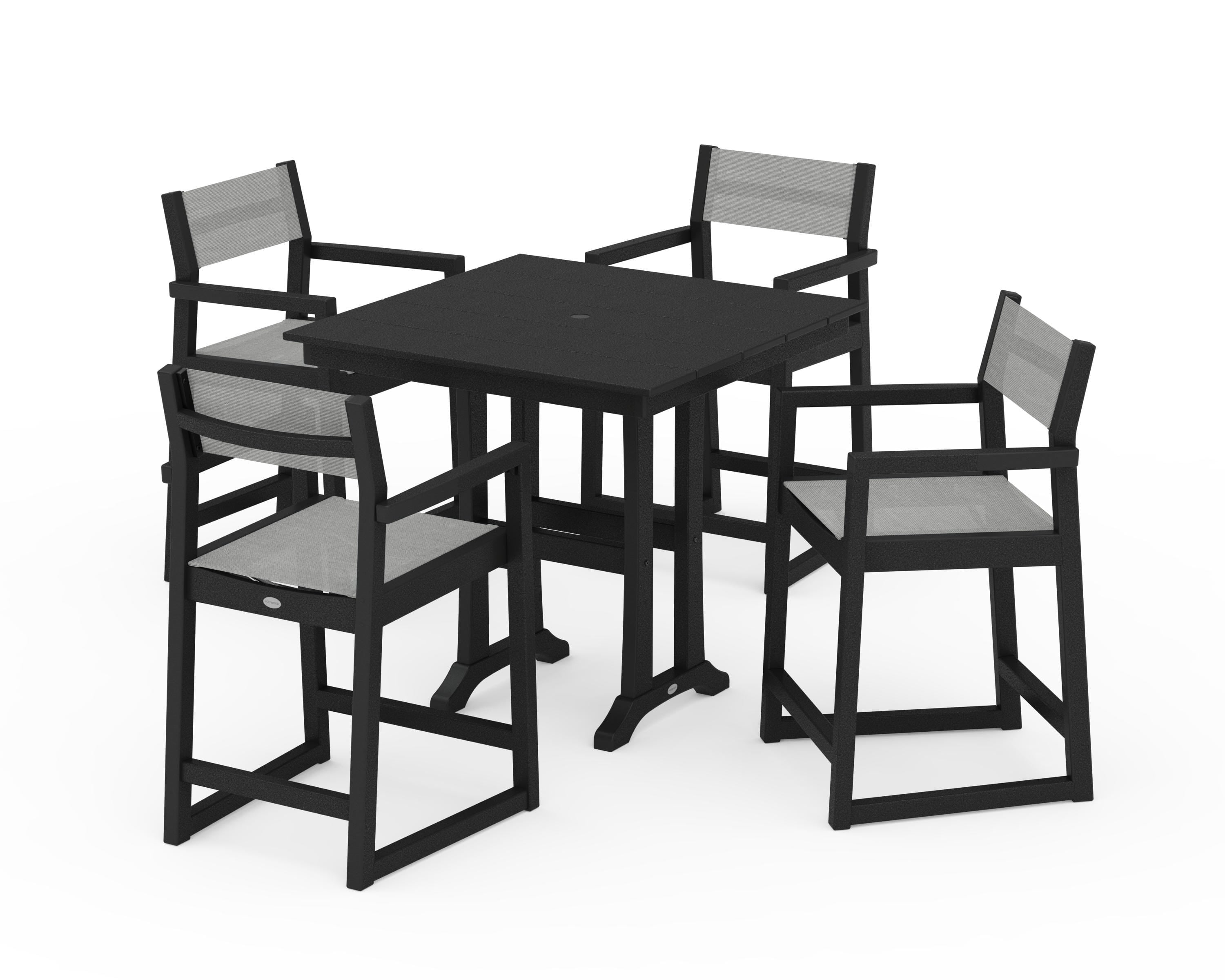 POLYWOOD EDGE Sling Arm Chair 5-Piece Farmhouse Counter Set with Trestle Legs in Black / Metallic Sling