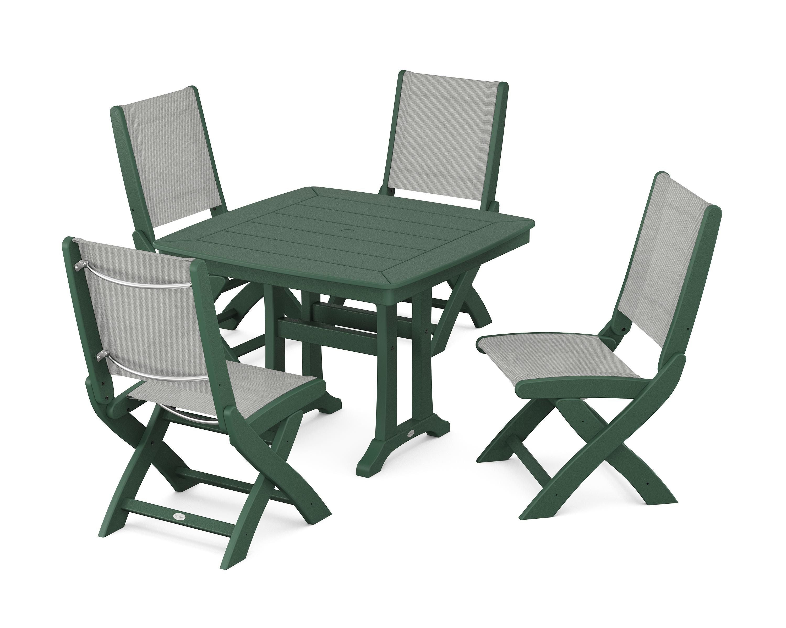 POLYWOOD Coastal Folding Side Chair 5-Piece Dining Set with Trestle Legs in Green / Metallic Sling