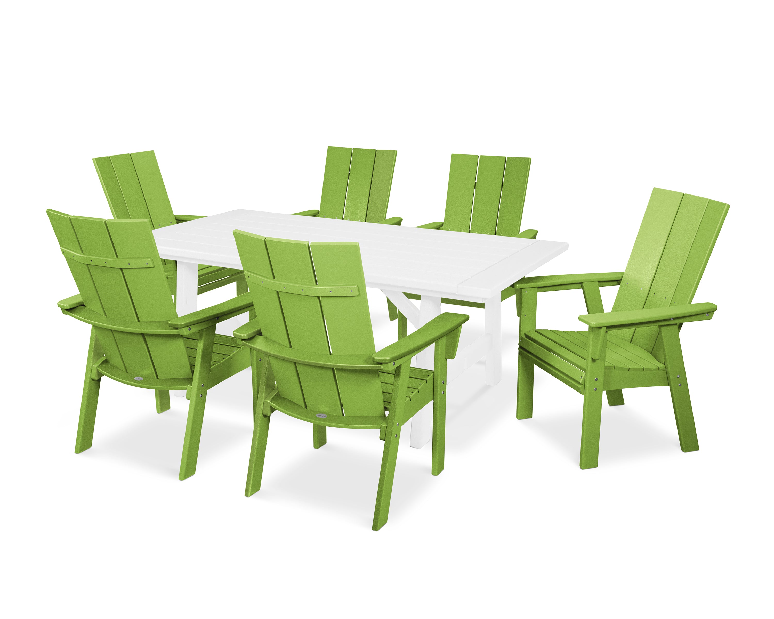 POLYWOOD® Modern Curveback Adirondack 7-Piece Rustic Farmhouse Dining Set in Lime / White