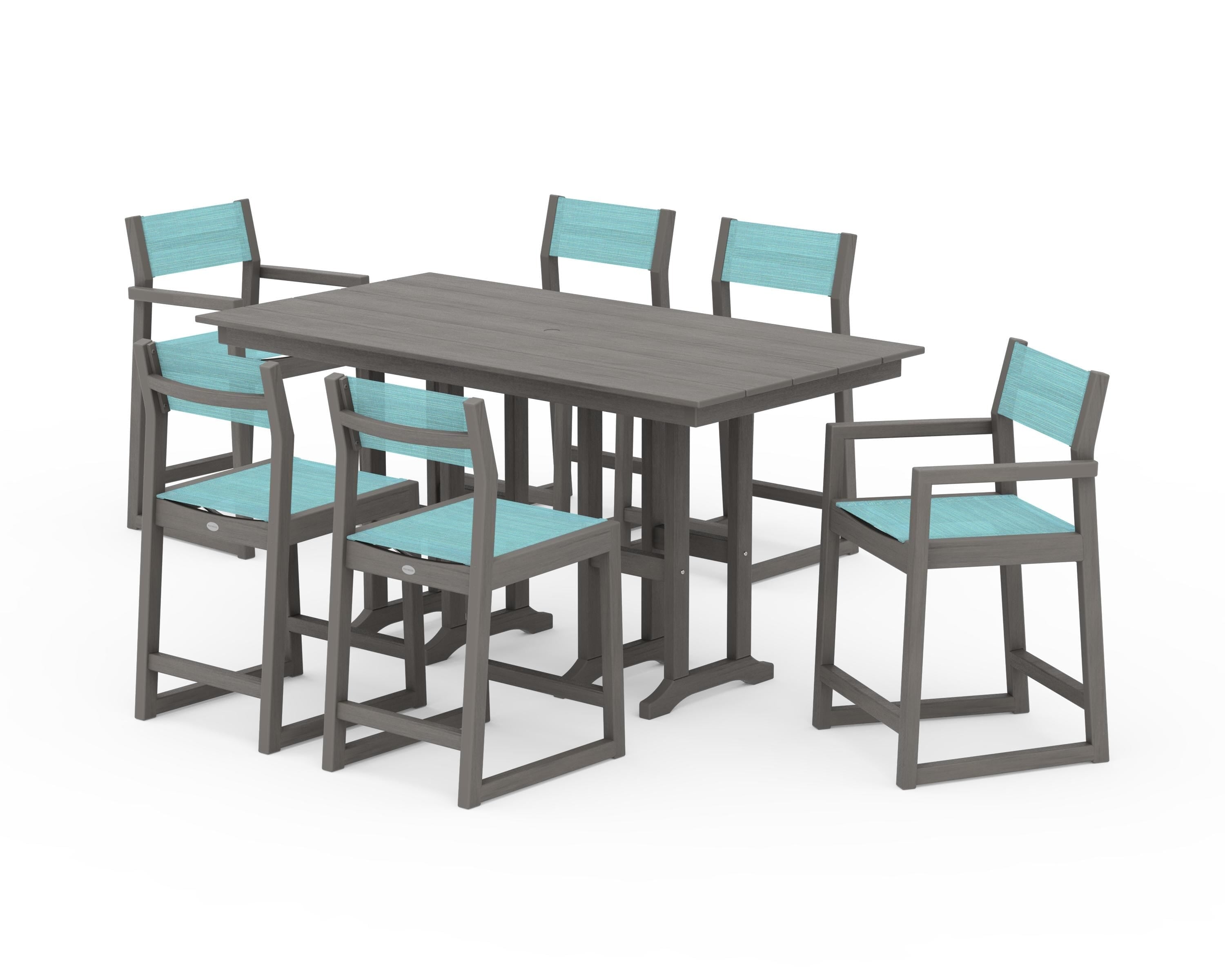 POLYWOOD EDGE Sling 7-Piece Farmhouse Counter Set with Trestle Legs in Driftwood / Dupioni Aquamarine Sling