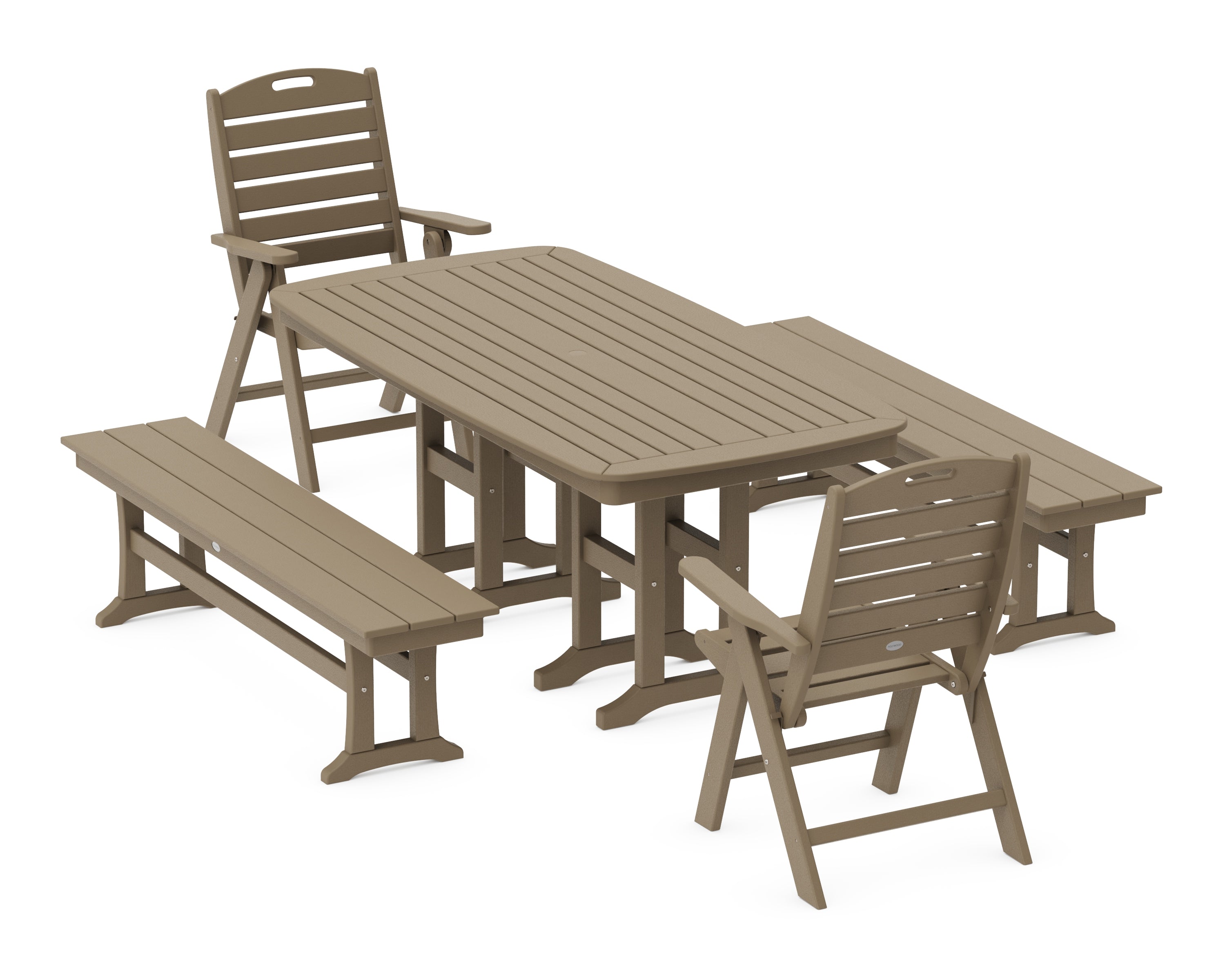 POLYWOOD Nautical Highback 5-Piece Dining Set with Benches in Vintage Sahara