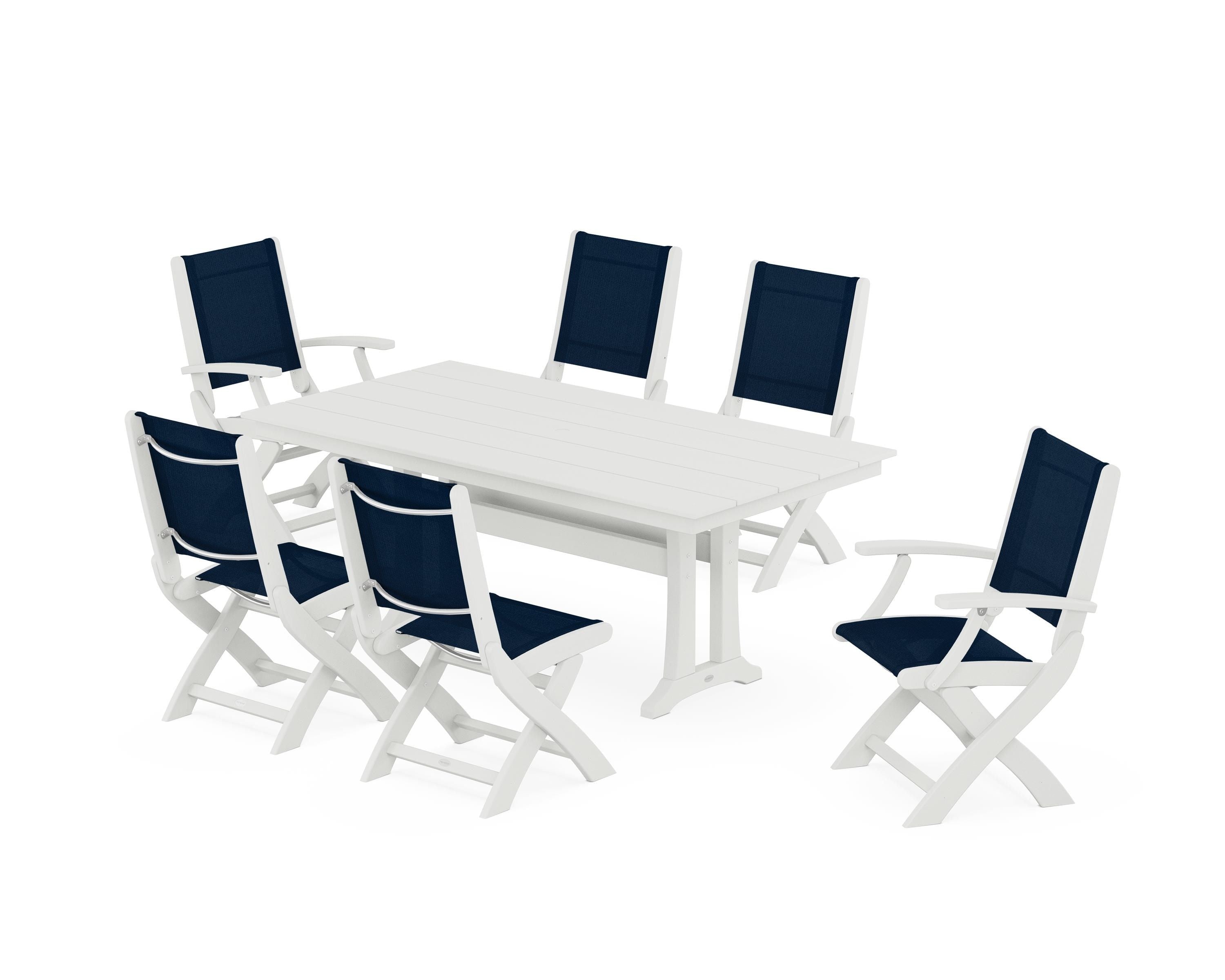 POLYWOOD Coastal Folding Chair 7-Piece Farmhouse Dining Set with Trestle Legs in Vintage White / Navy Blue Sling