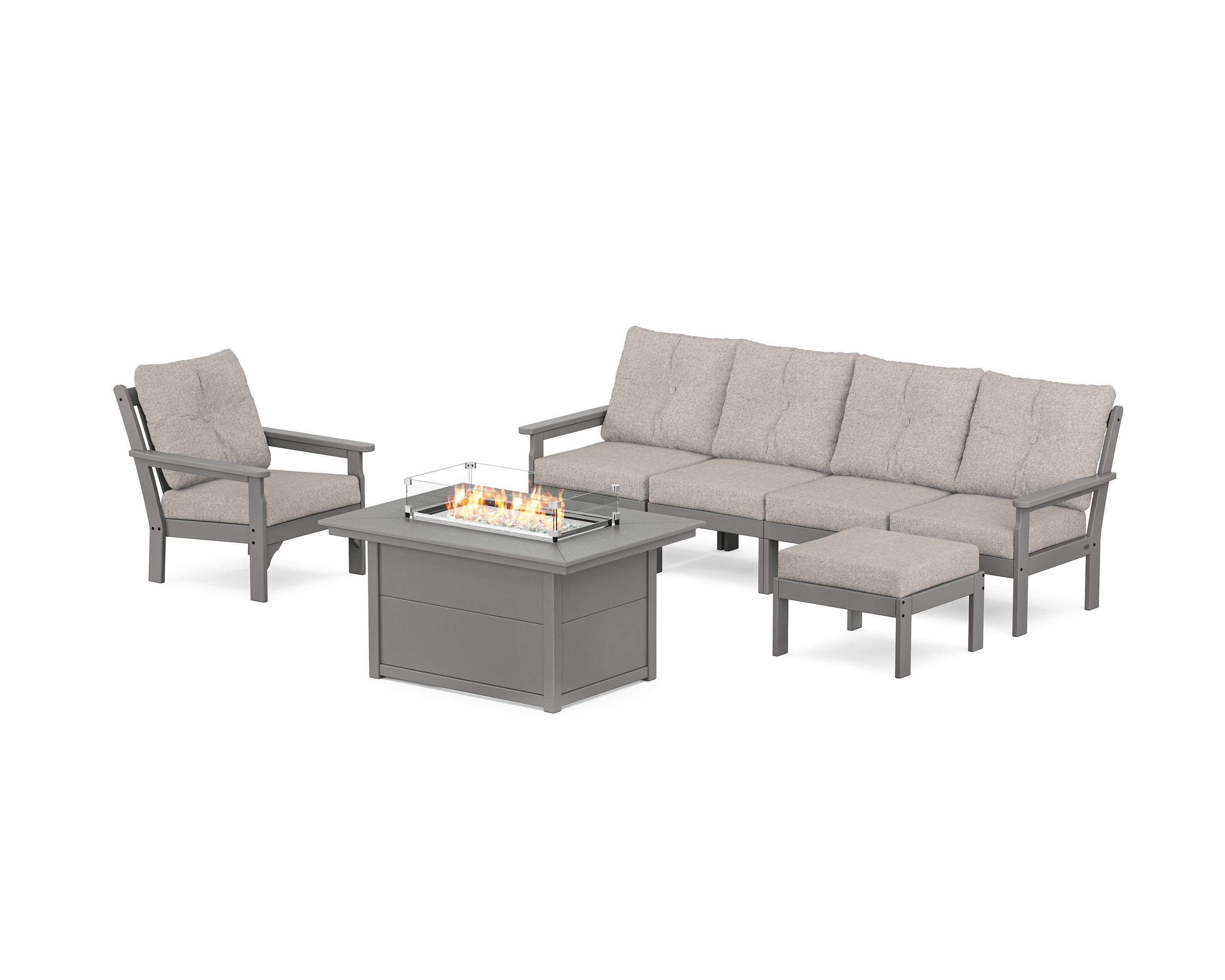 POLYWOOD Vineyard Sectional Lounge and Fire Pit Set in Slate Grey / Weathered Tweed