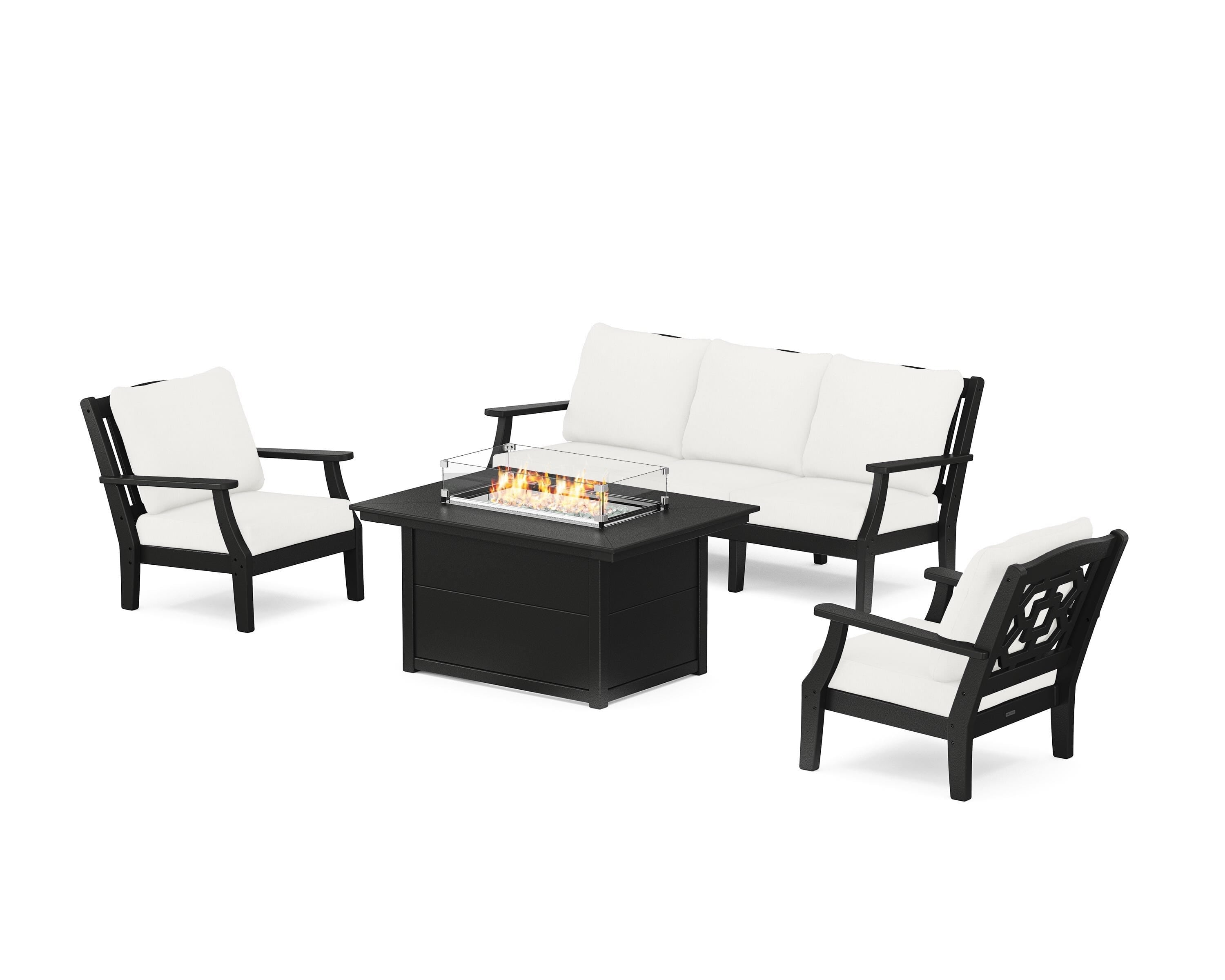 Martha Stewart by POLYWOOD Chinoiserie Deep Seating Fire Pit Table Set in Black / Natural Linen