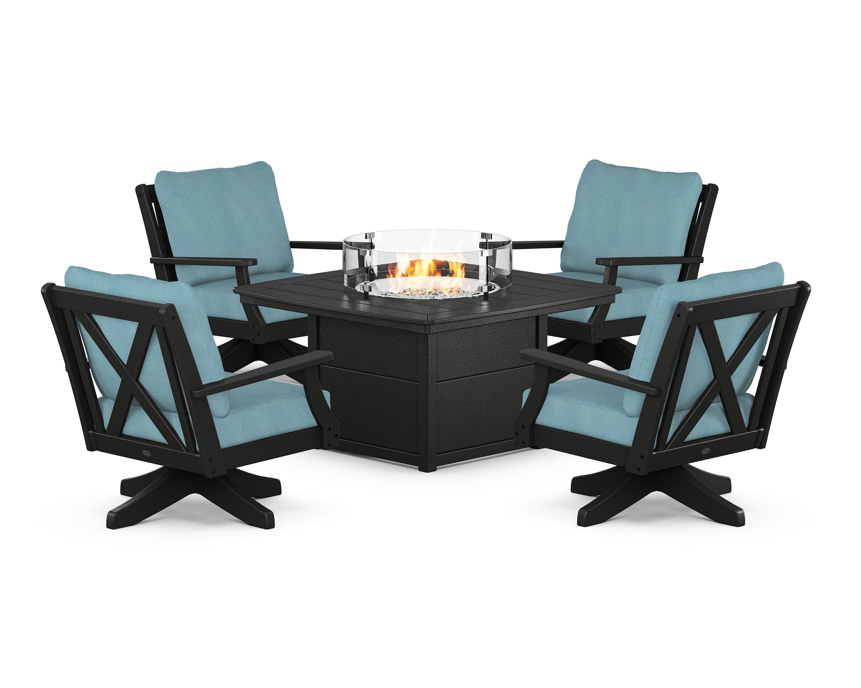 POLYWOOD Braxton 5-Piece Deep Seating Swivel Conversation Set with Fire Pit Table in Black / Lattice Sky Blue