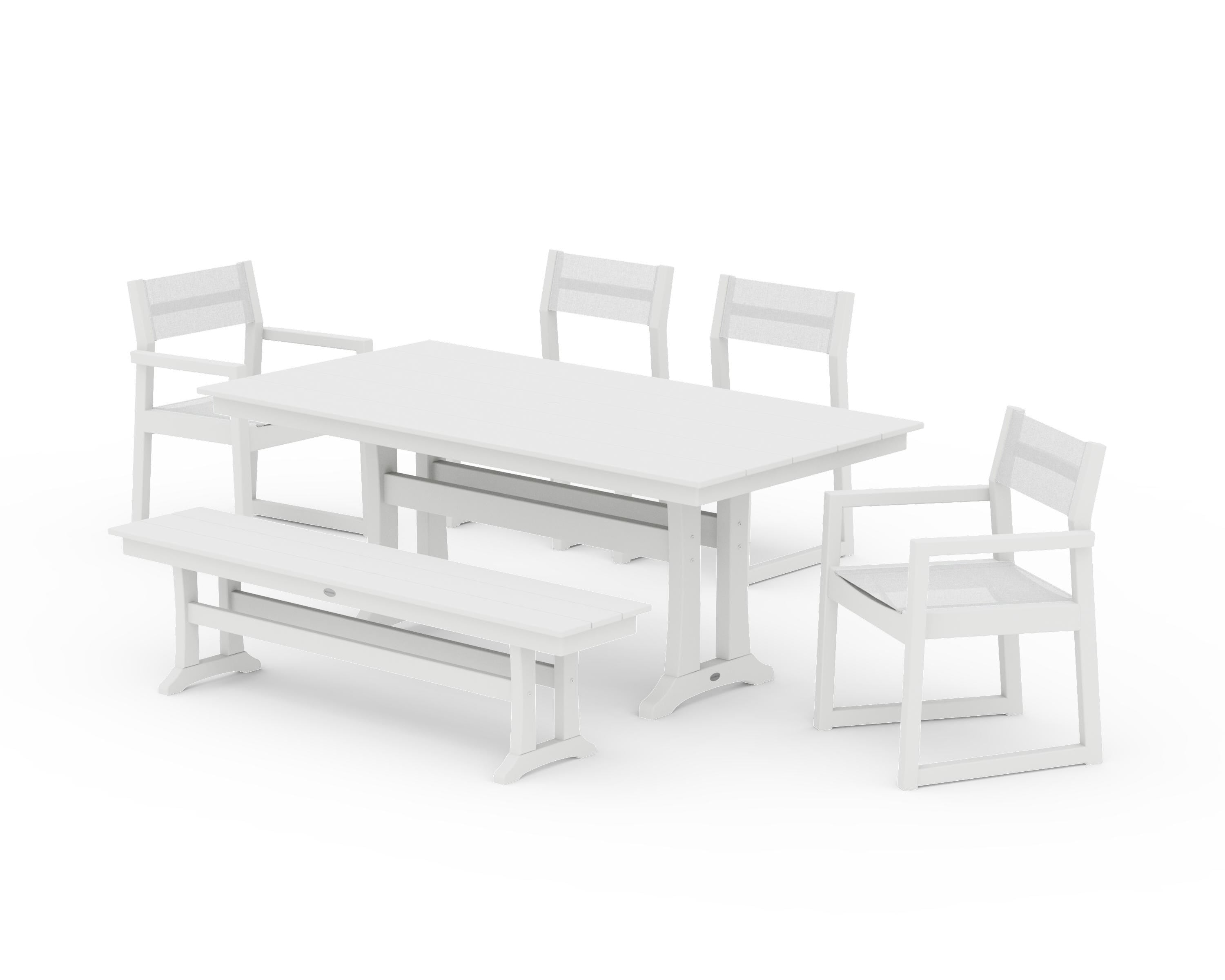 POLYWOOD EDGE Sling 6-Piece Farmhouse Dining Set With Trestle Legs in White / White Sling