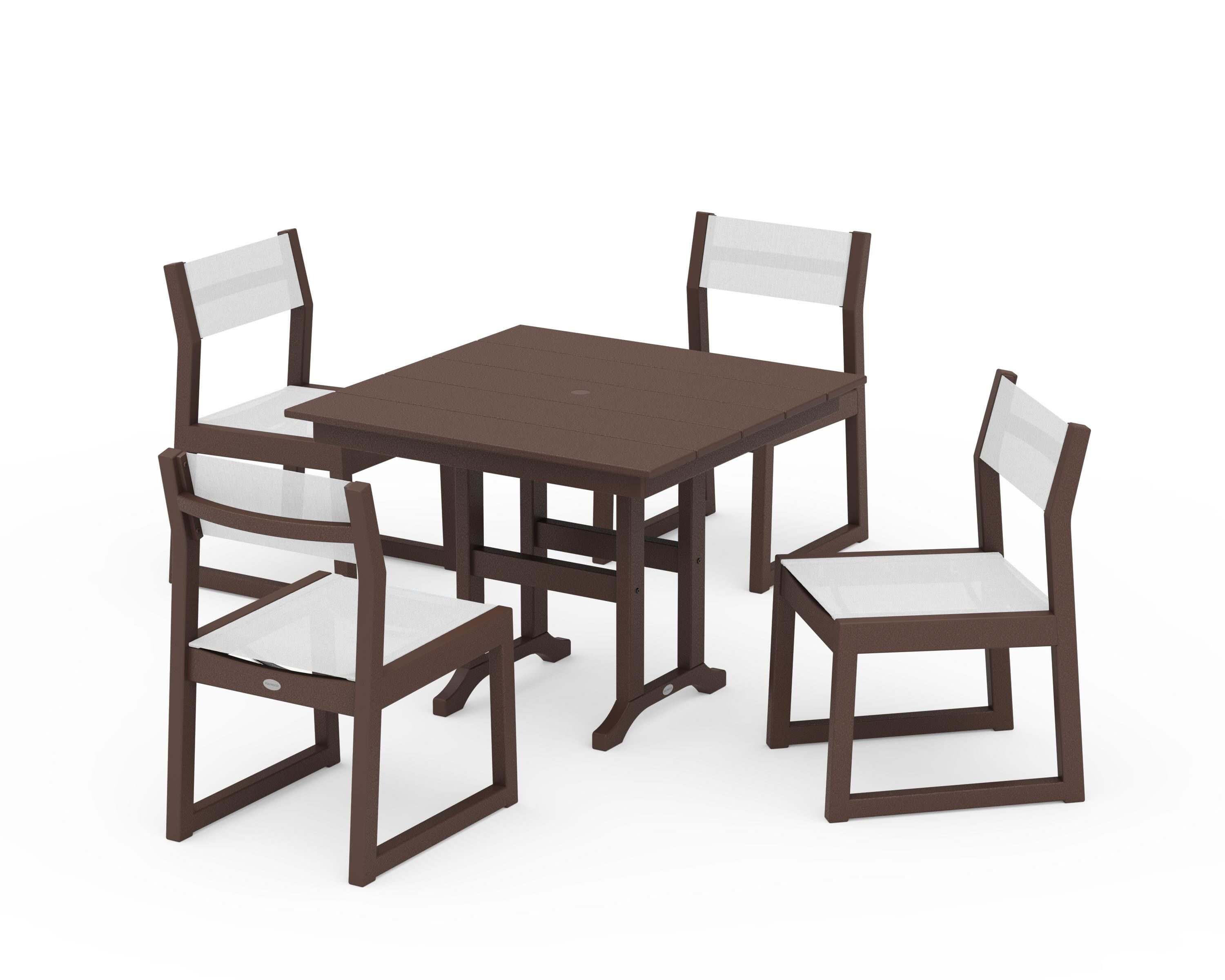 POLYWOOD EDGE Sling Side Chair 5-Piece Farmhouse Dining Set in Mahogany / White Sling