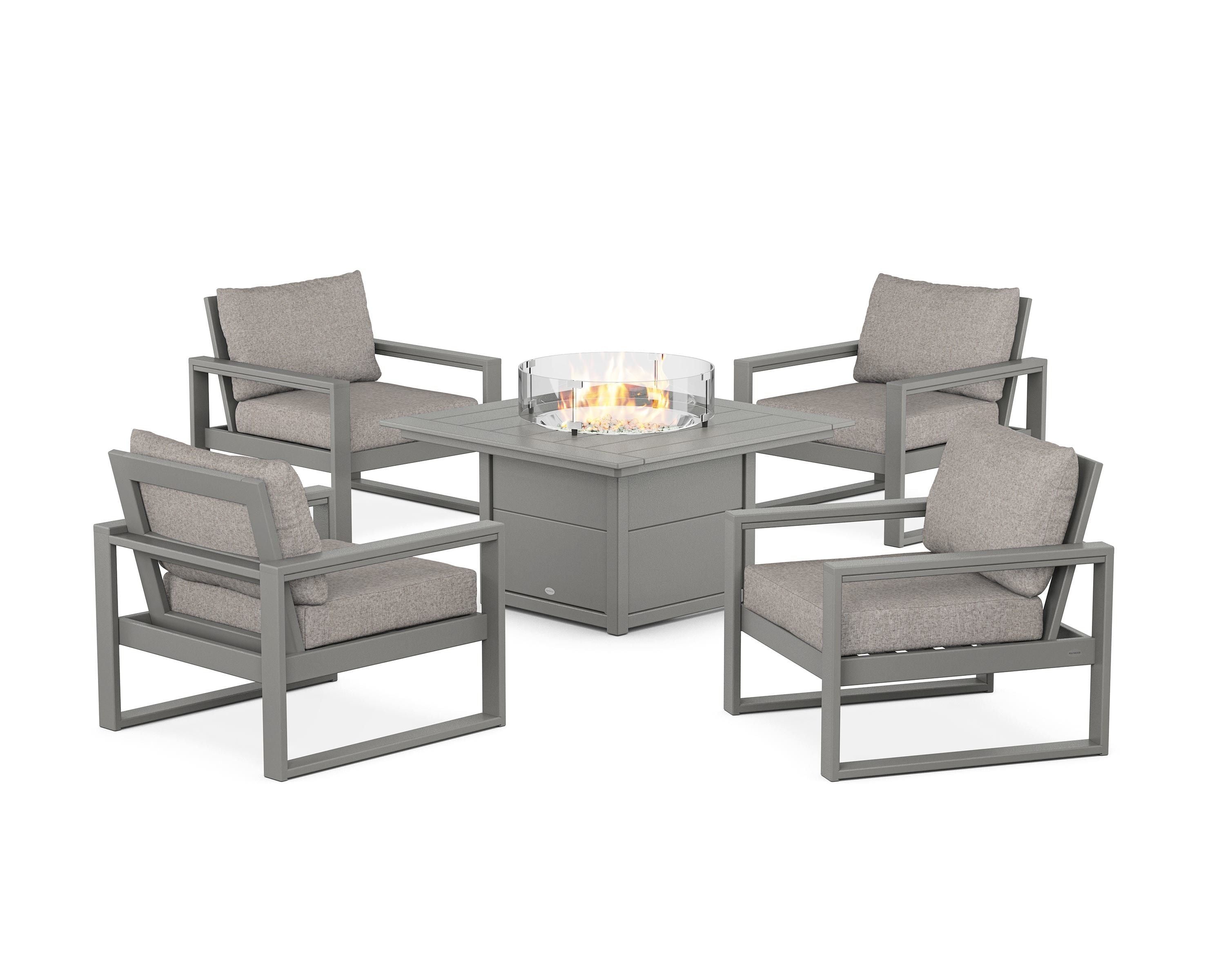 POLYWOOD EDGE Sectional 5-Piece Deep Seating Set with Fire Pit Table in Slate Grey / Weathered Tweed