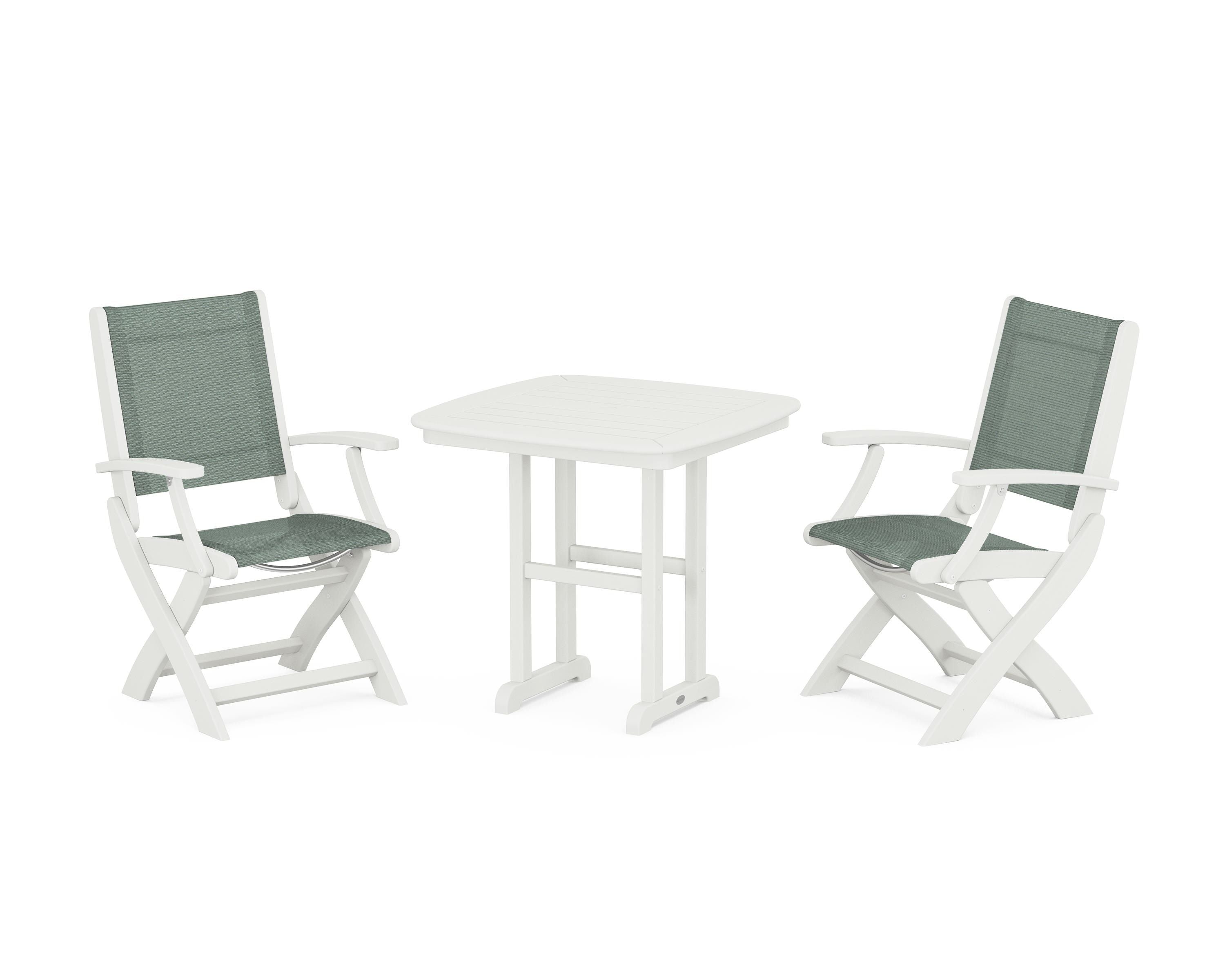 POLYWOOD Coastal Folding Chair 3-Piece Dining Set in Vintage White / Dupioni Sea Mist Sling