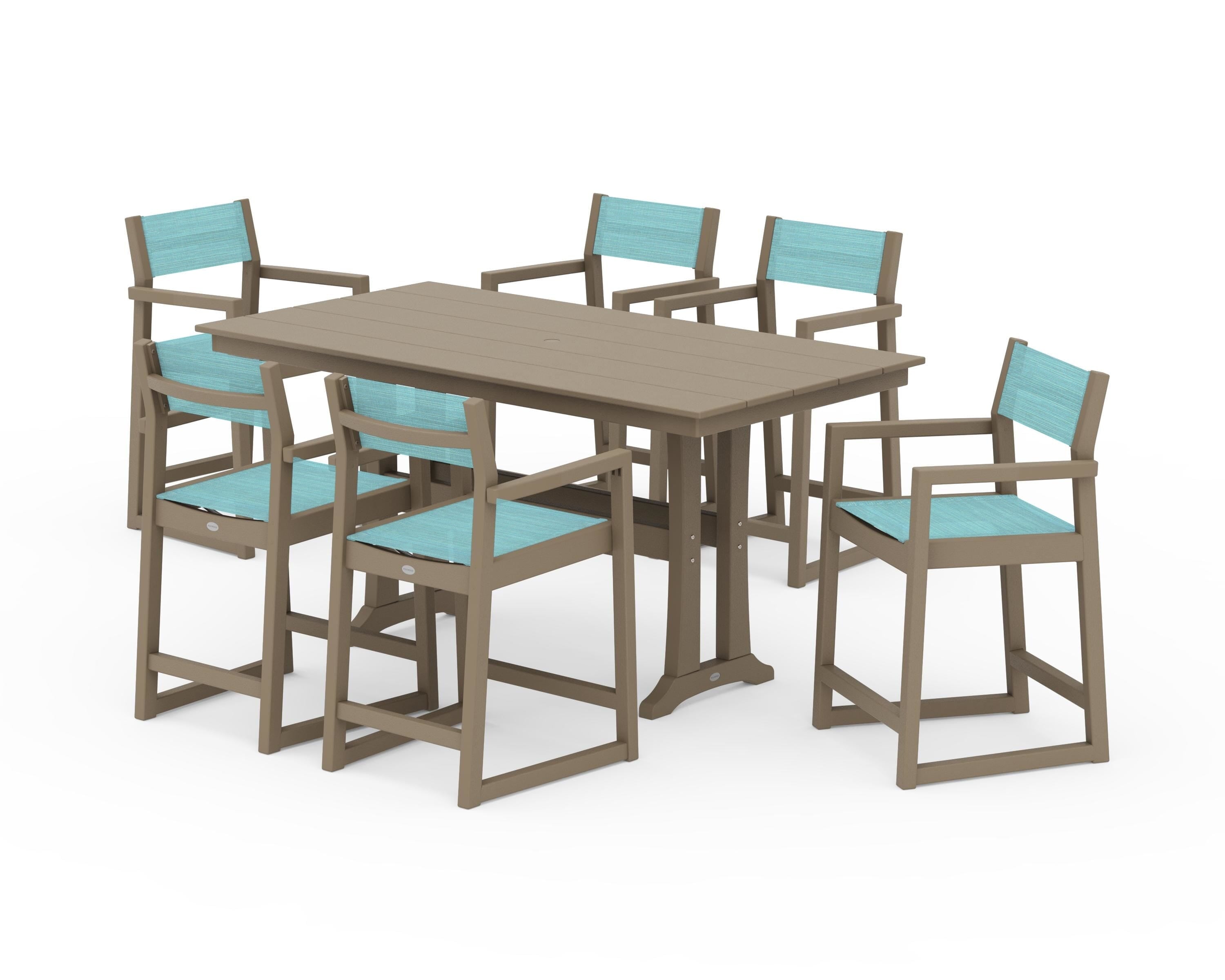 POLYWOOD EDGE Sling Arm Chair 7-Piece Farmhouse Counter Set with Trestle Legs in Vintage Sahara / Dupioni Aquamarine Sling