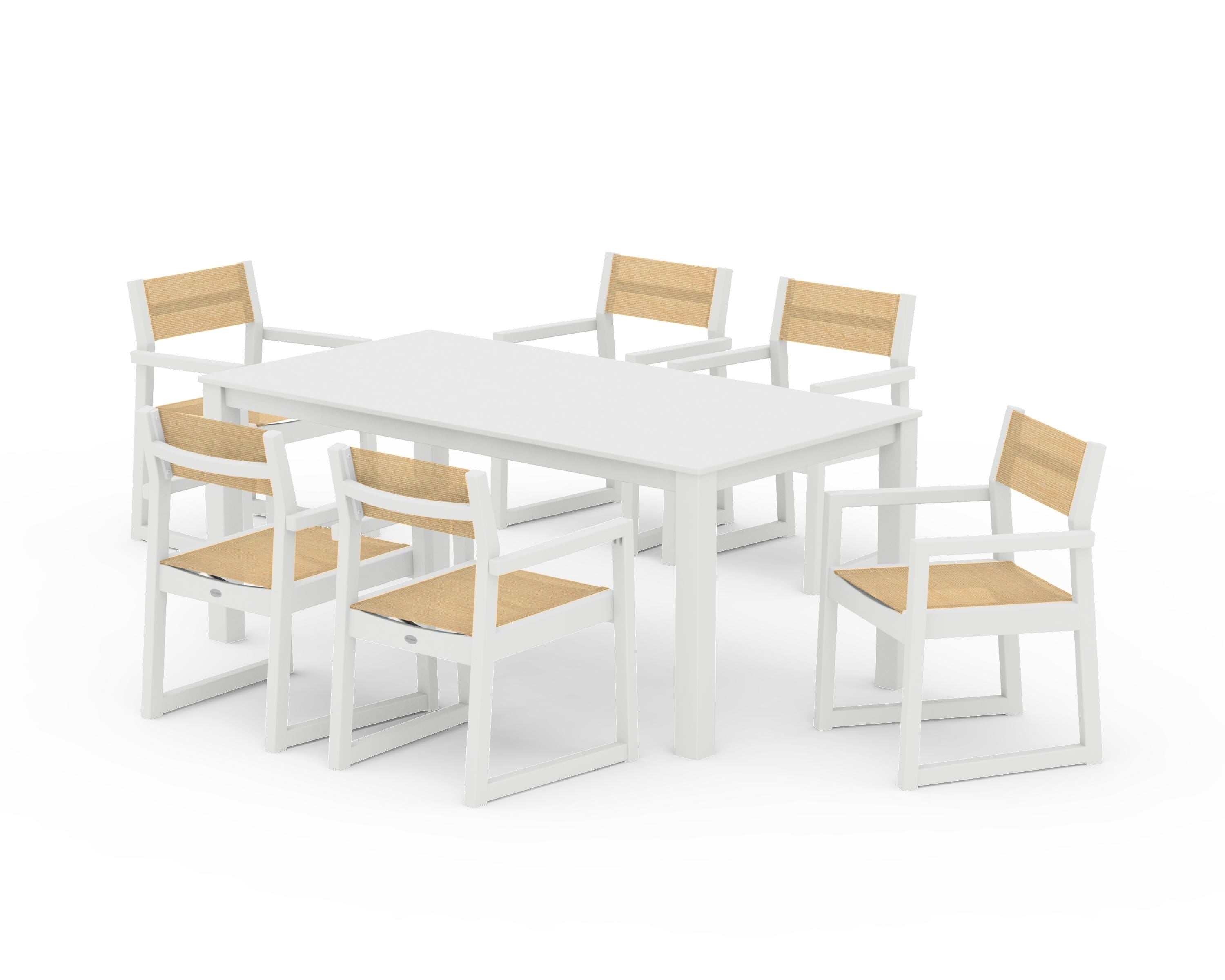 POLYWOOD EDGE Sling Arm Chair 7-Piece Parsons Dining Set in White / Dupioni Apricot Sling