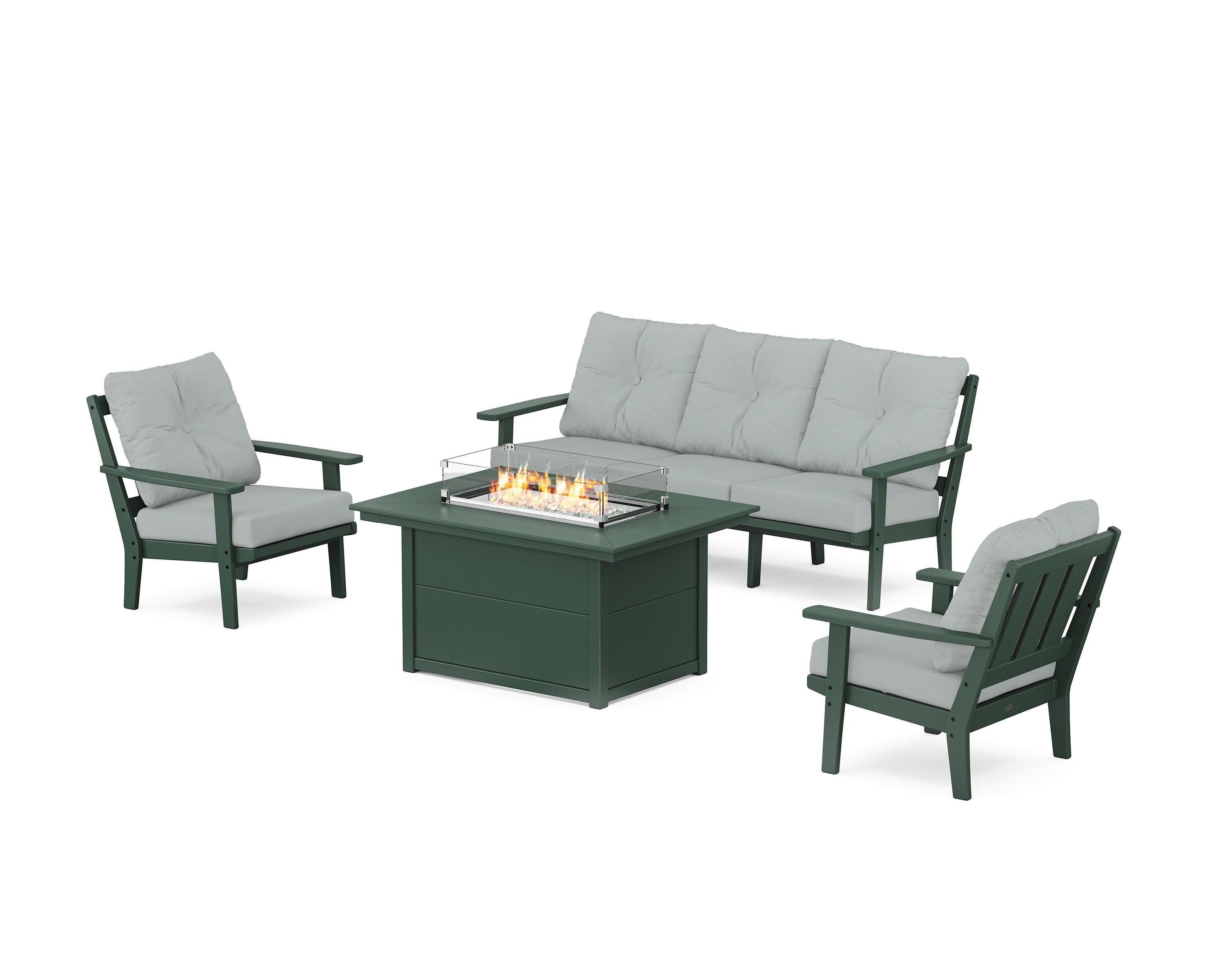 POLYWOOD Oxford Deep Seating Fire Pit Table Set in Green / Spa