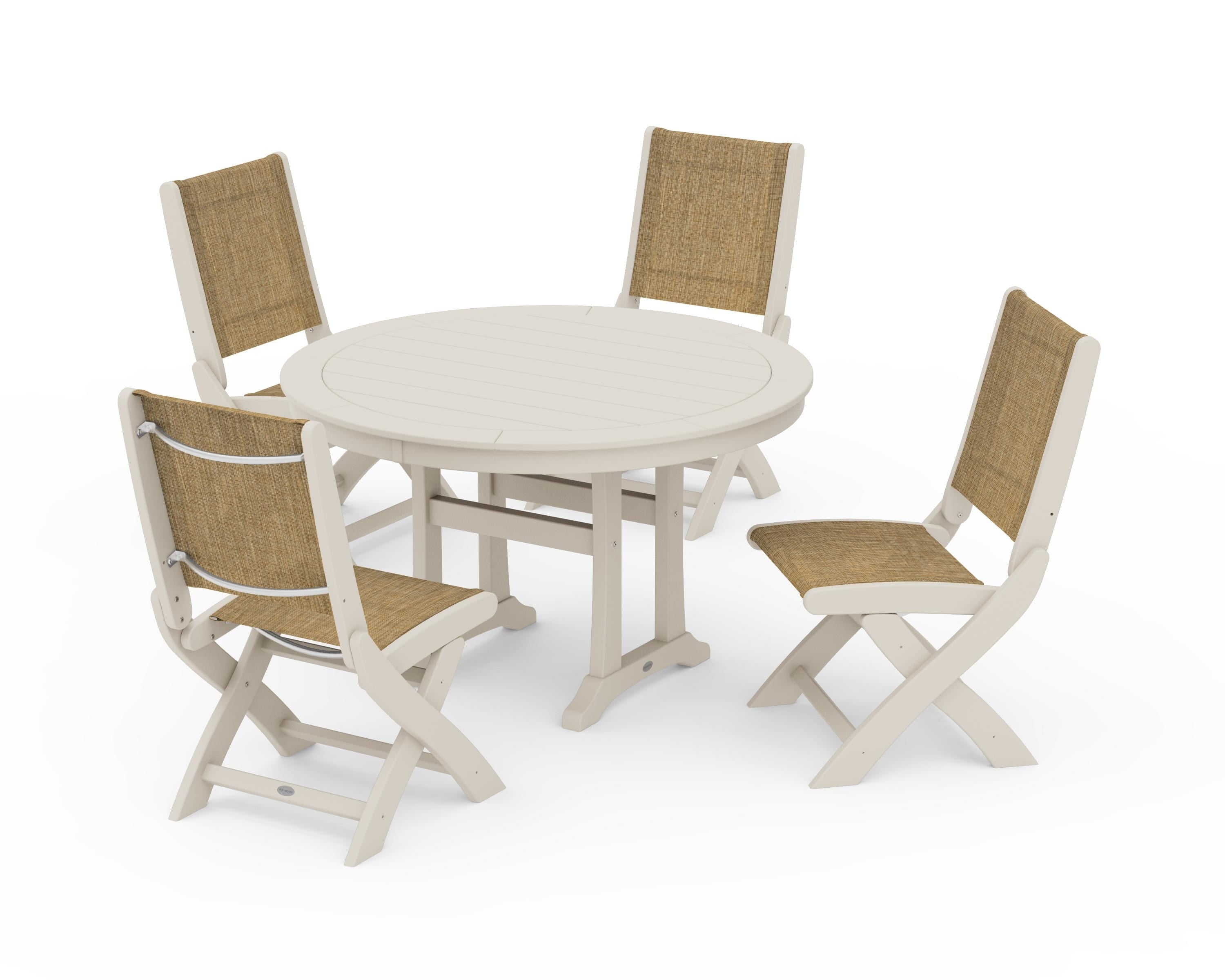 POLYWOOD Coastal Folding Side Chair 5-Piece Round Dining Set With Trestle Legs in Sand / Burlap Sling