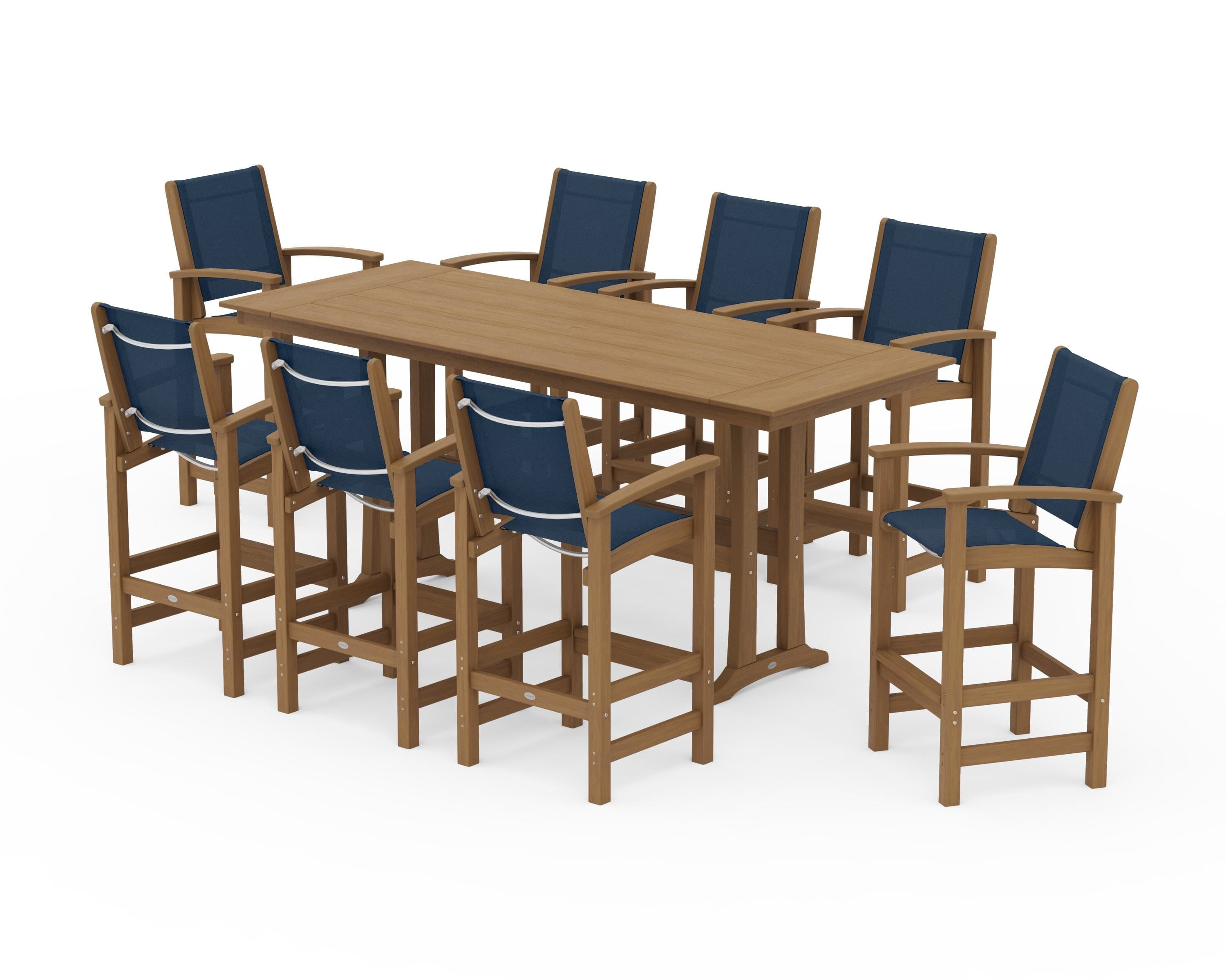 POLYWOOD Coastal 9-Piece Farmhouse Bar Set with Trestle Legs in Natural / Navy Blue Sling