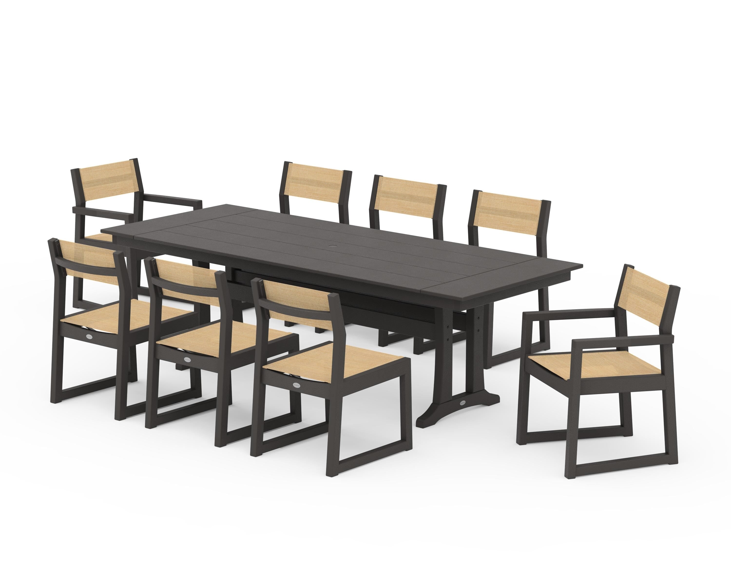 POLYWOOD EDGE Sling 9-Piece Farmhouse Trestle Dining Set in Vintage Coffee / Dupioni Apricot Sling