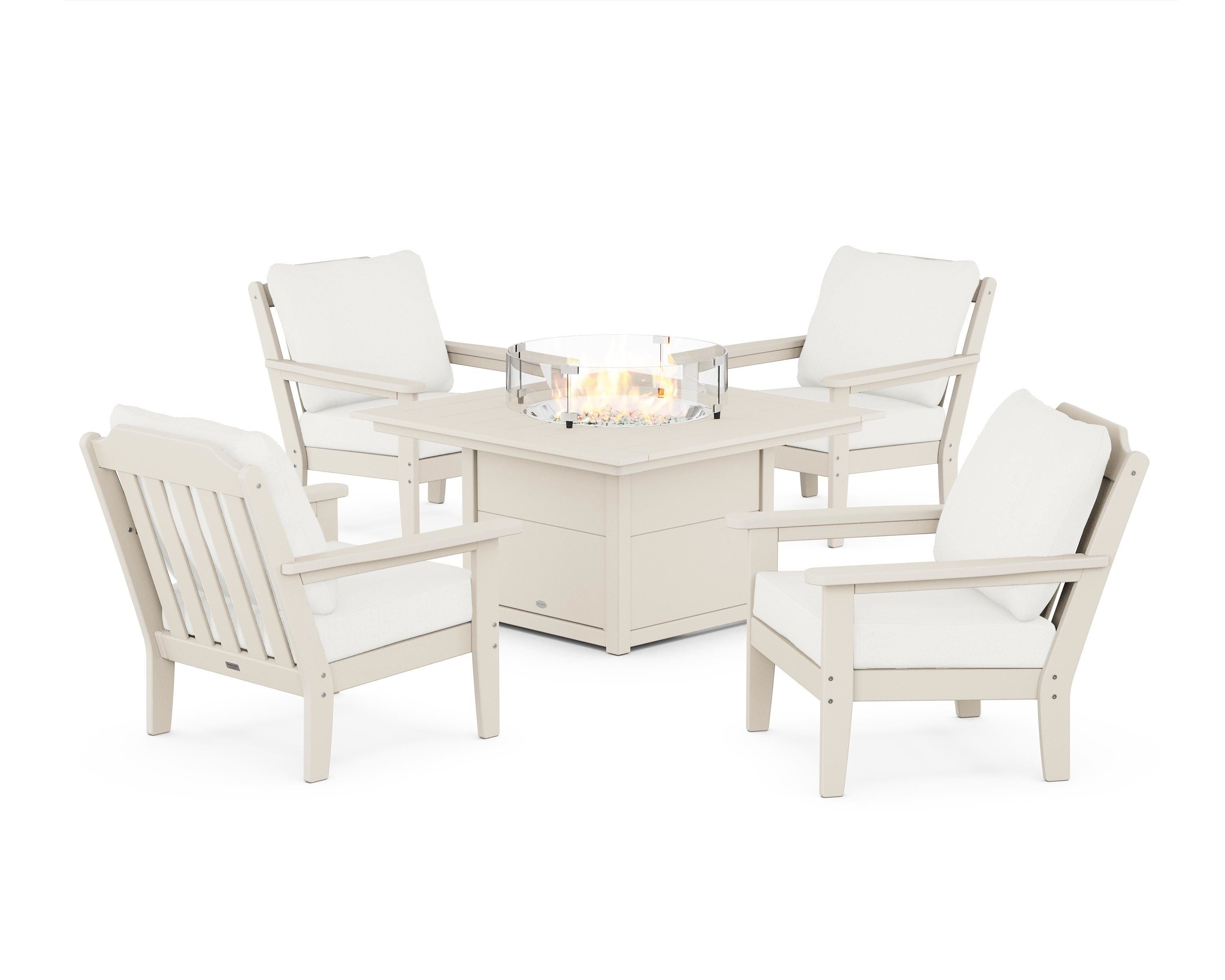 Country Living Cottage 5-Piece Deep Seating Set with Fire Pit Table in Sand / Natural Linen