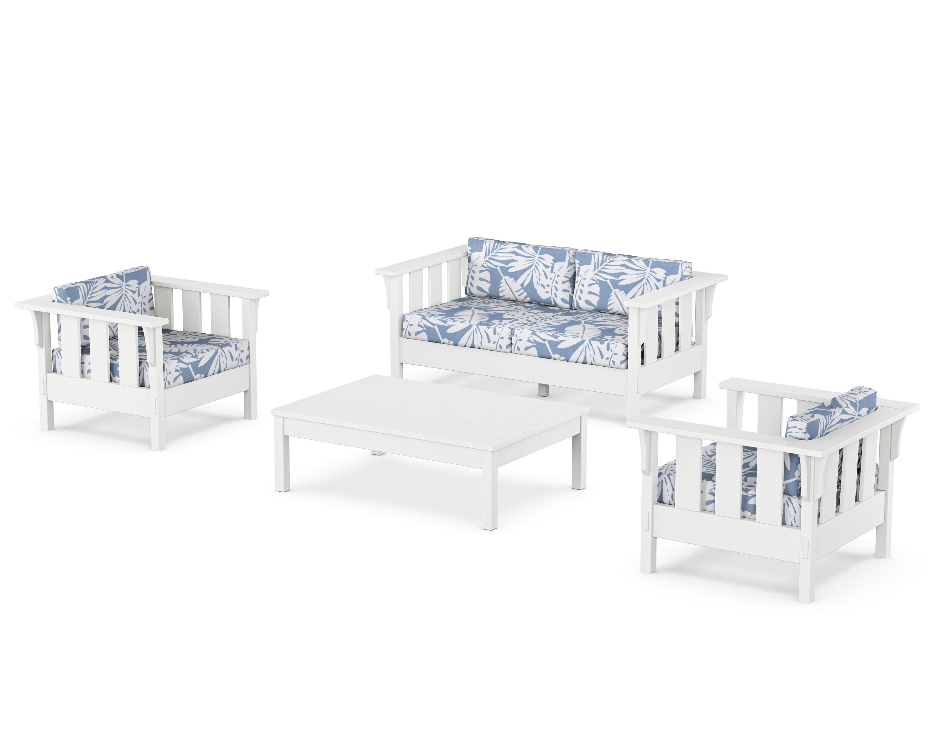 Martha Stewart by POLYWOOD Acadia 4-Piece Deep Seating Set with Loveseat in White / Leaf Sky Blue