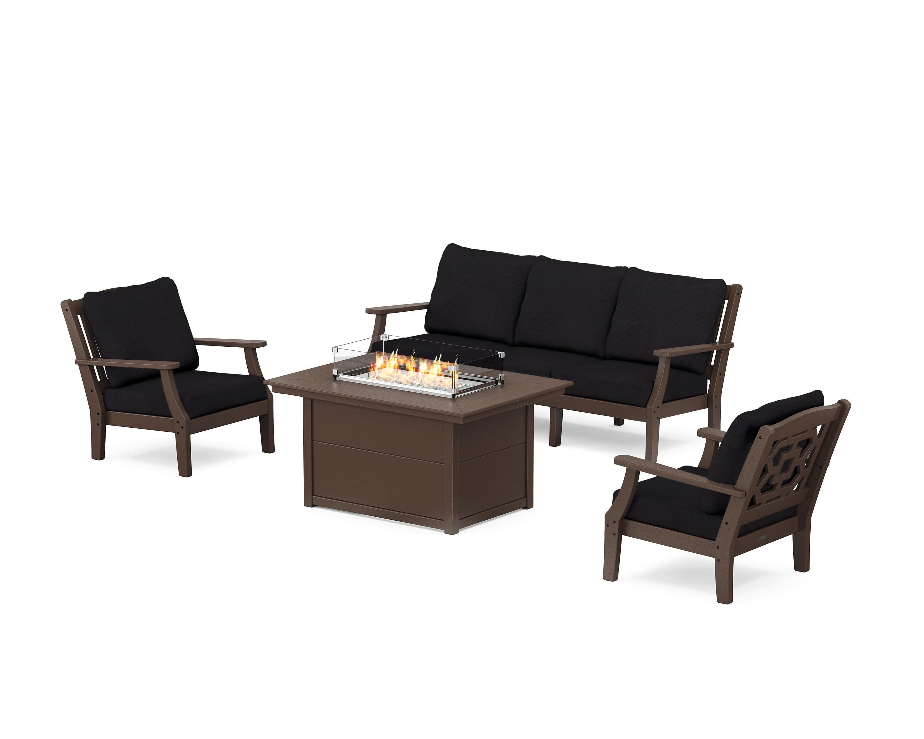 Martha Stewart by POLYWOOD Chinoiserie Deep Seating Fire Pit Table Set in Mahogany / Midnight Linen