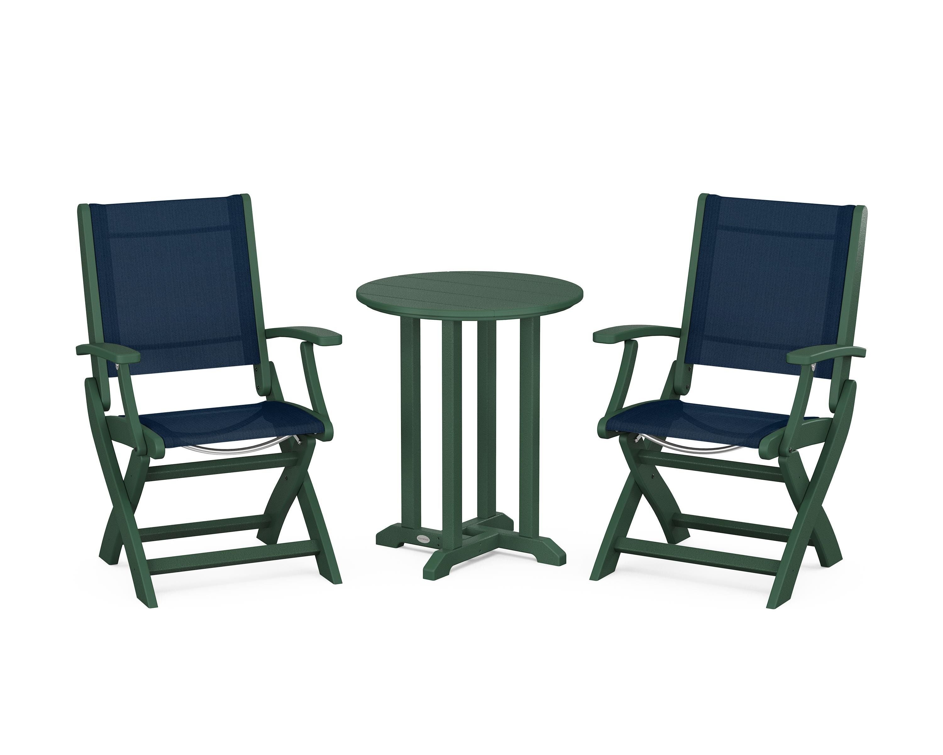 POLYWOOD Coastal Folding 3-Piece Round Bistro Dining Set in Green / Navy Blue Sling