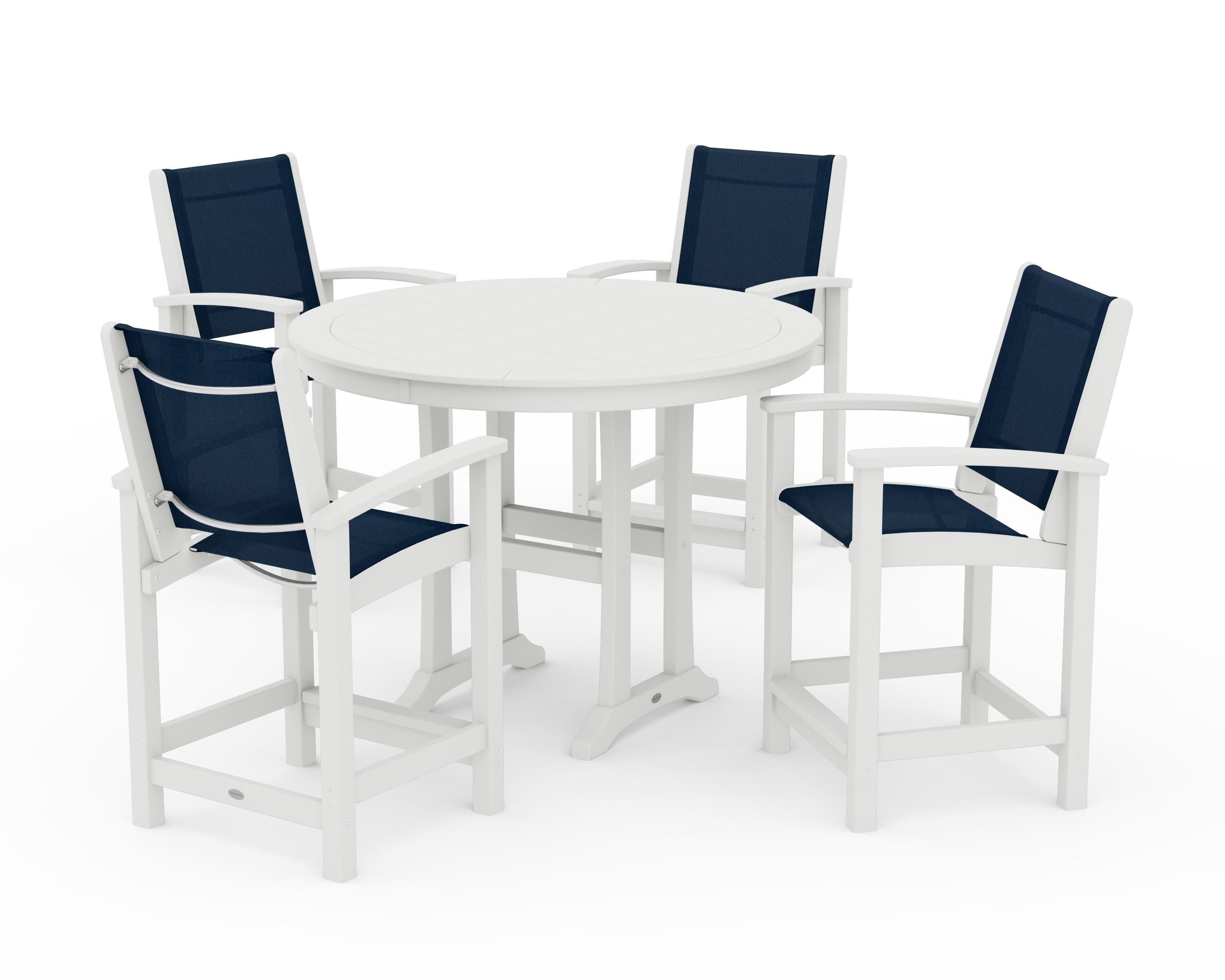 POLYWOOD Coastal 5-Piece Counter Set in Vintage White / Navy Blue Sling