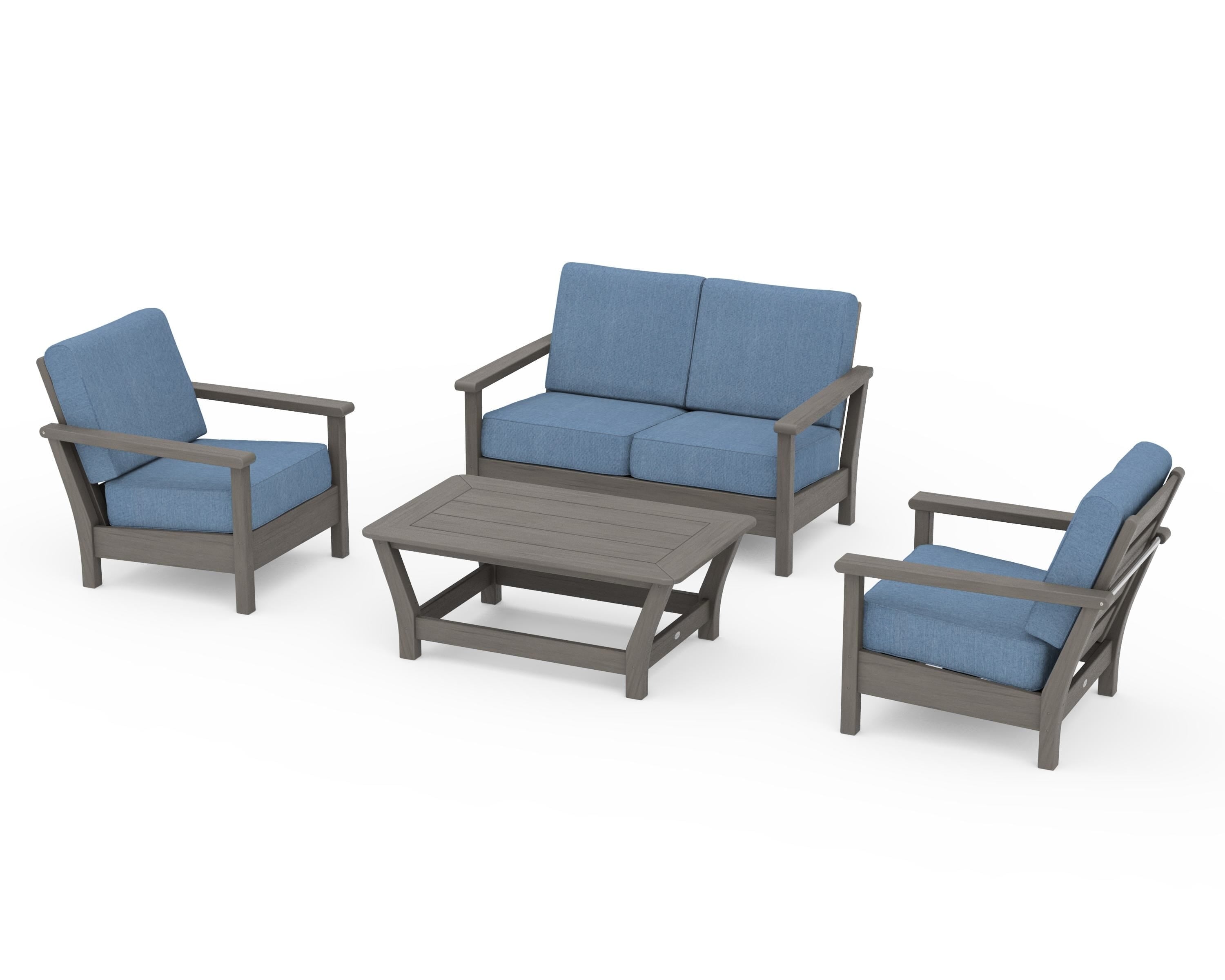 POLYWOOD Harbour 4-Piece Deep Seating Set in Driftwood / Sky Blue