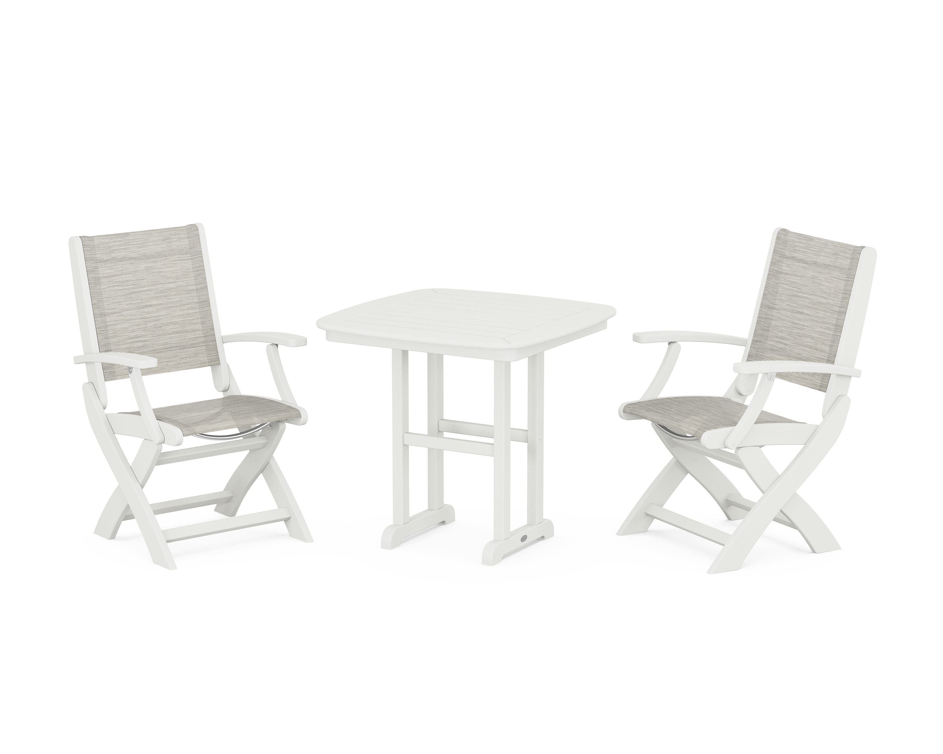 POLYWOOD Coastal Folding Chair 3-Piece Dining Set in Vintage White / Birch Sling