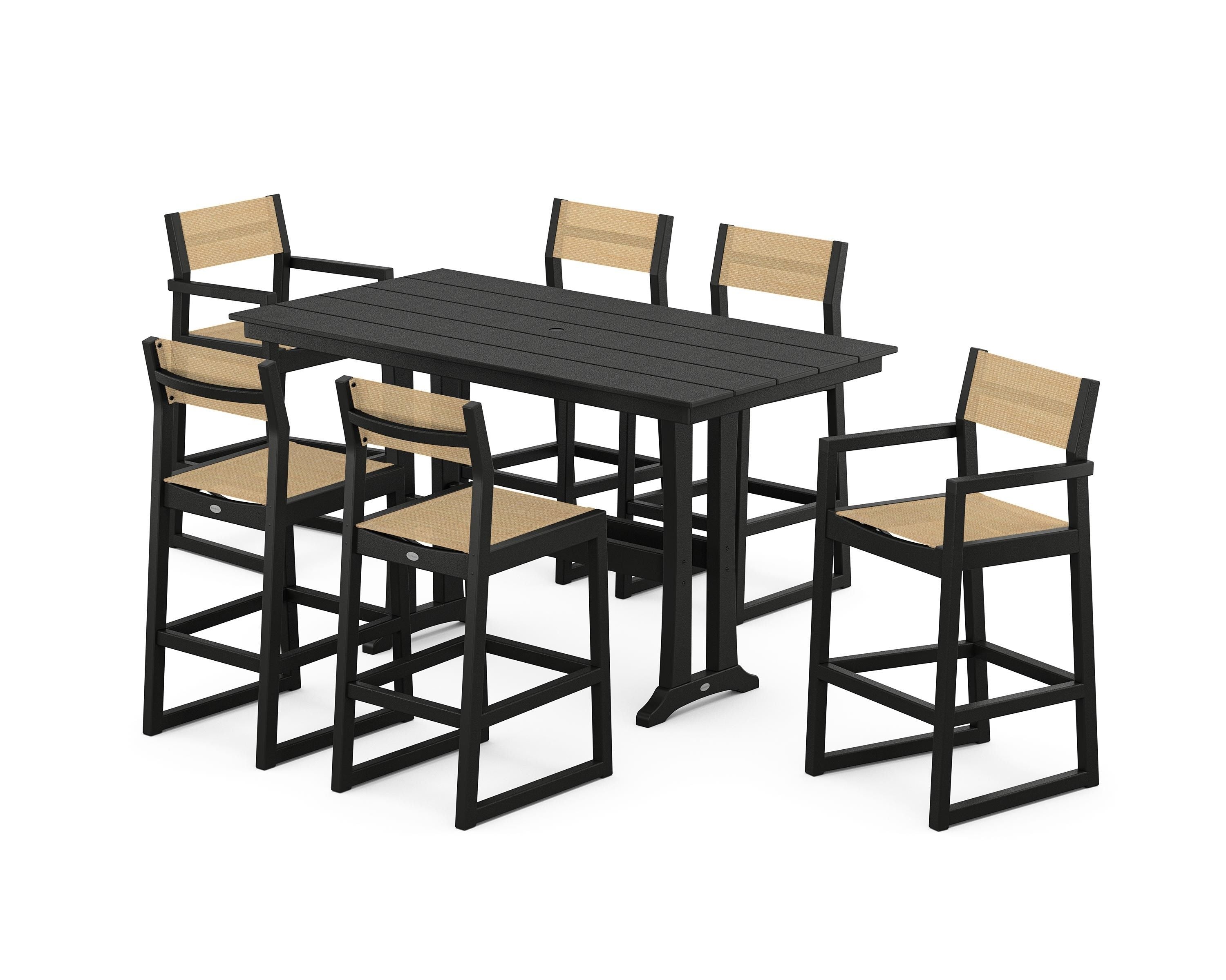 POLYWOOD EDGE Sling 7-Piece Farmhouse Bar Set with Trestle Legs in Black / Dupioni Apricot Sling