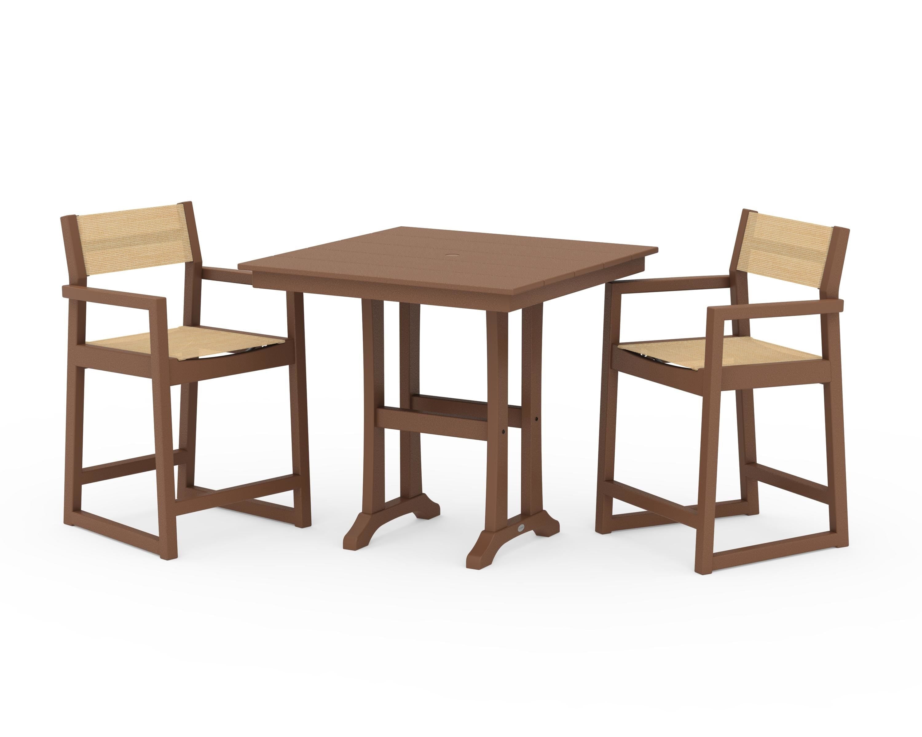 POLYWOOD EDGE Sling Arm Chair 3-Piece Farmhouse Counter Set with Trestle Legs in Teak / Dupioni Apricot Sling