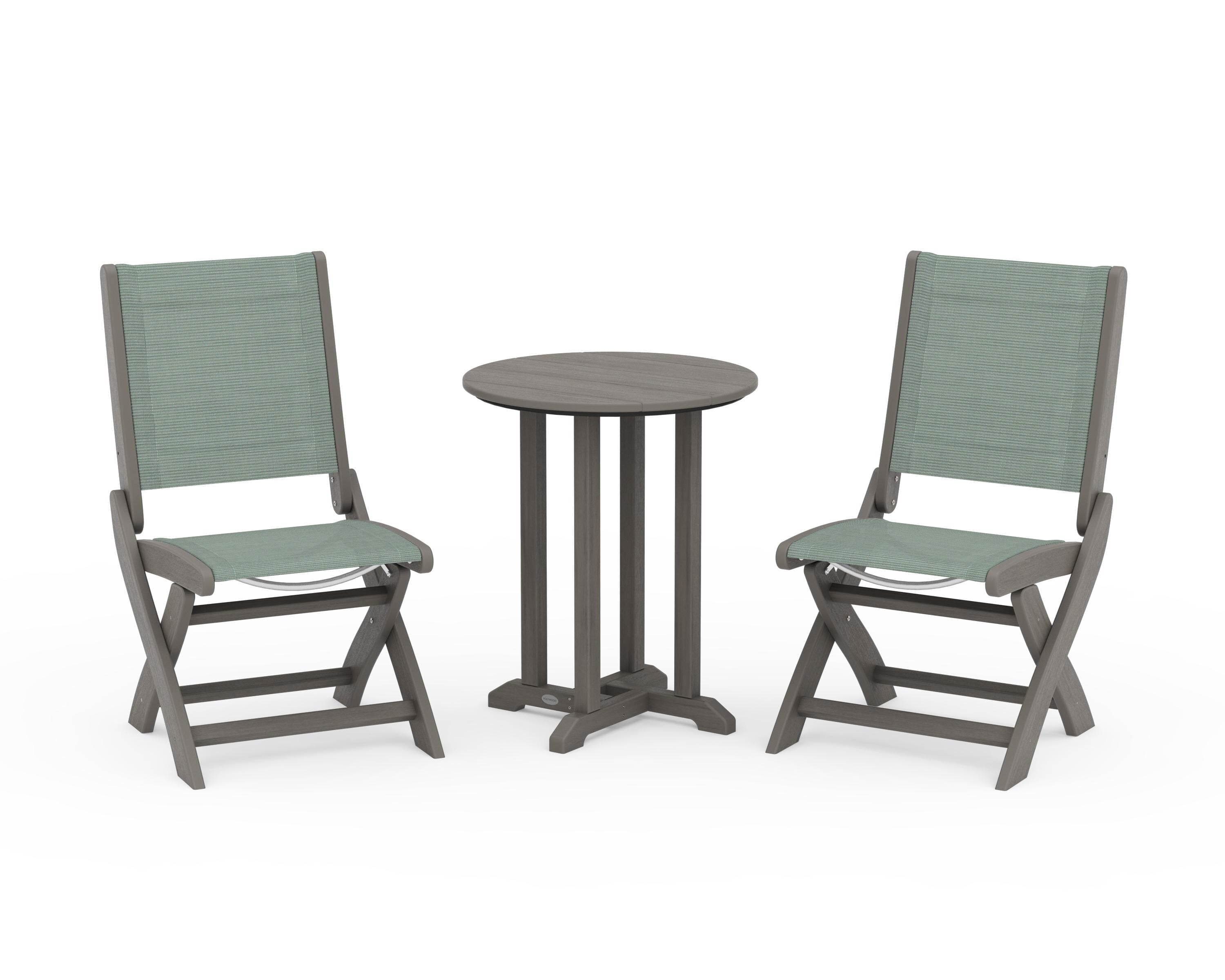 POLYWOOD Coastal Folding Side Chair 3-Piece Round Bistro Dining Set in Driftwood / Dupioni Sea Mist Sling