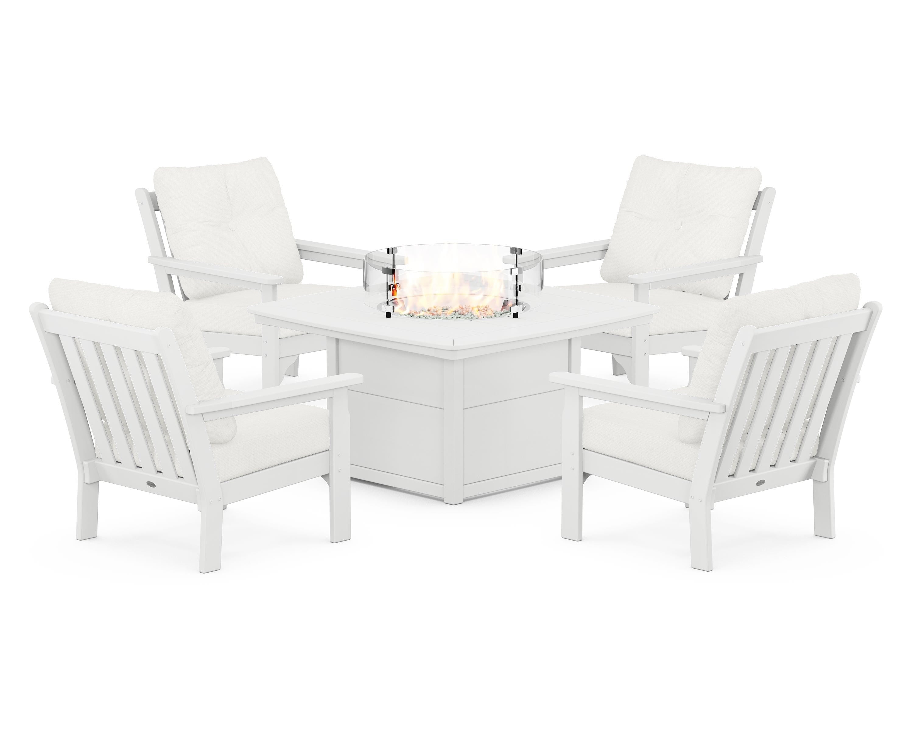 POLYWOOD Vineyard 5-Piece Conversation Set with Fire Pit Table in White / Natural Linen