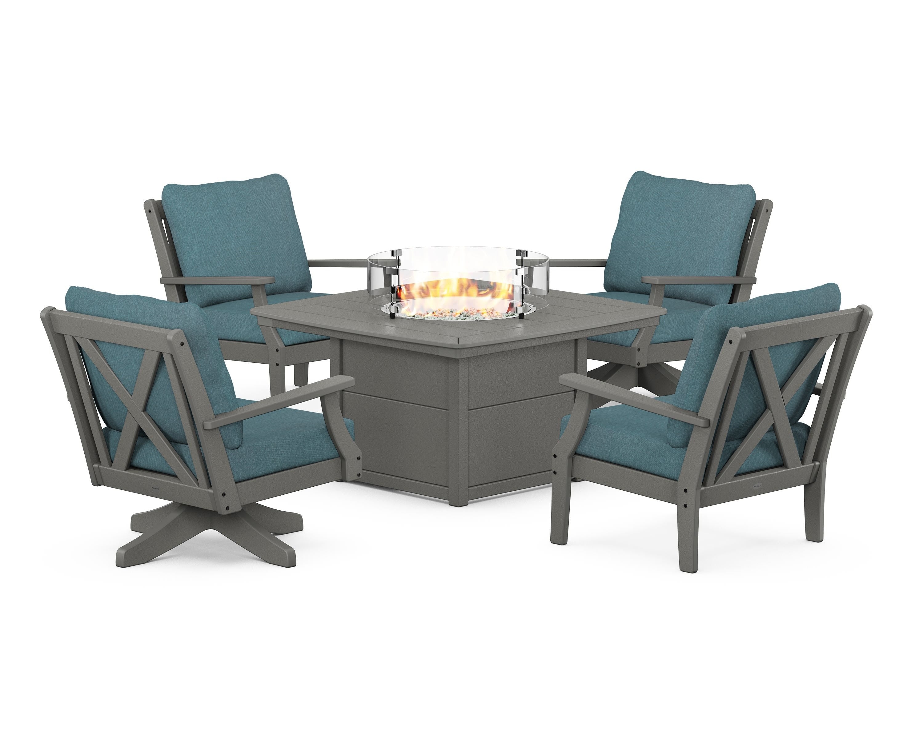 POLYWOOD Braxton 5-Piece Deep Seating Set with Fire Table in Slate Grey / Ocean Teal