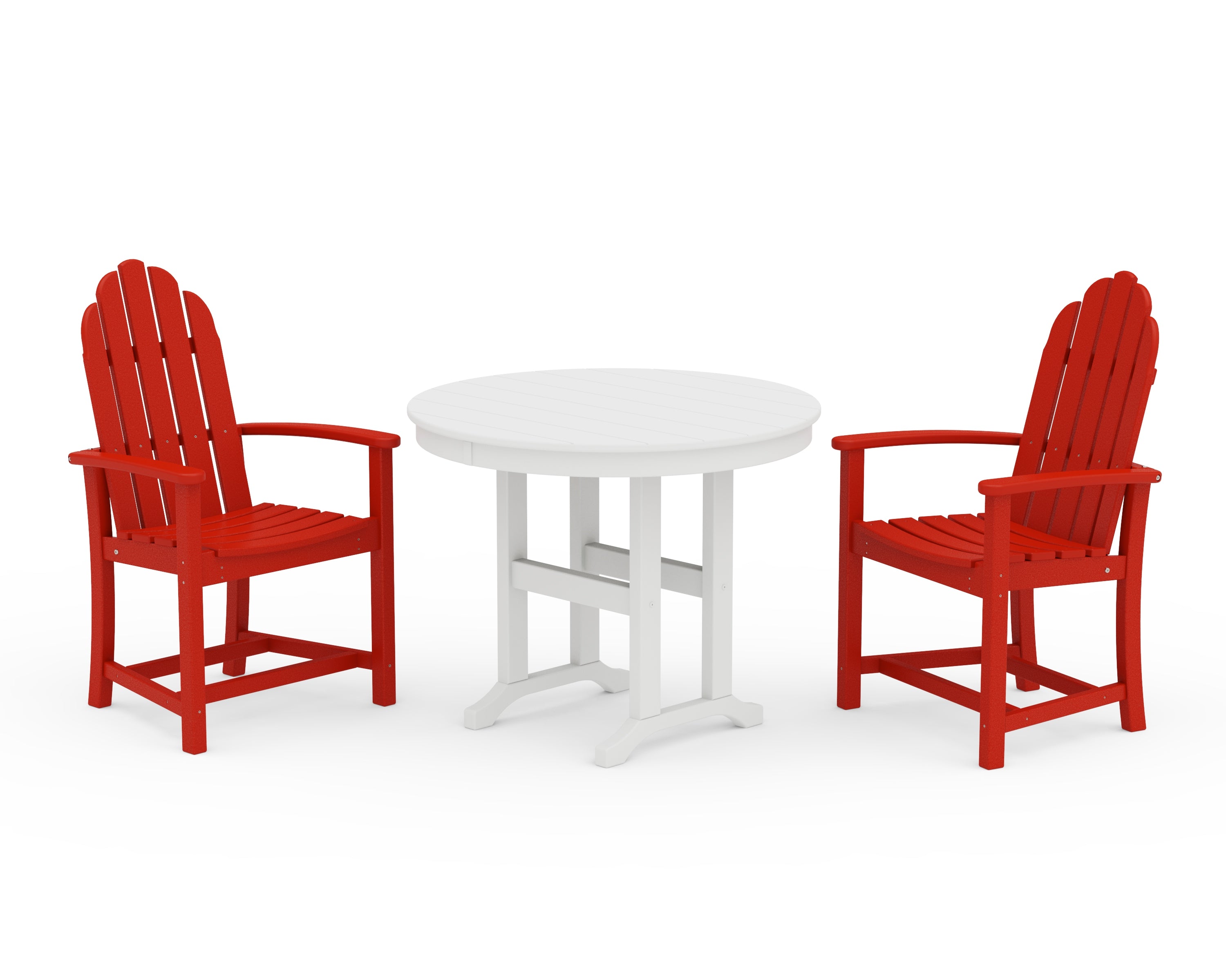 POLYWOOD Classic Adirondack 3-Piece Round Dining Set in Sunset Red / White