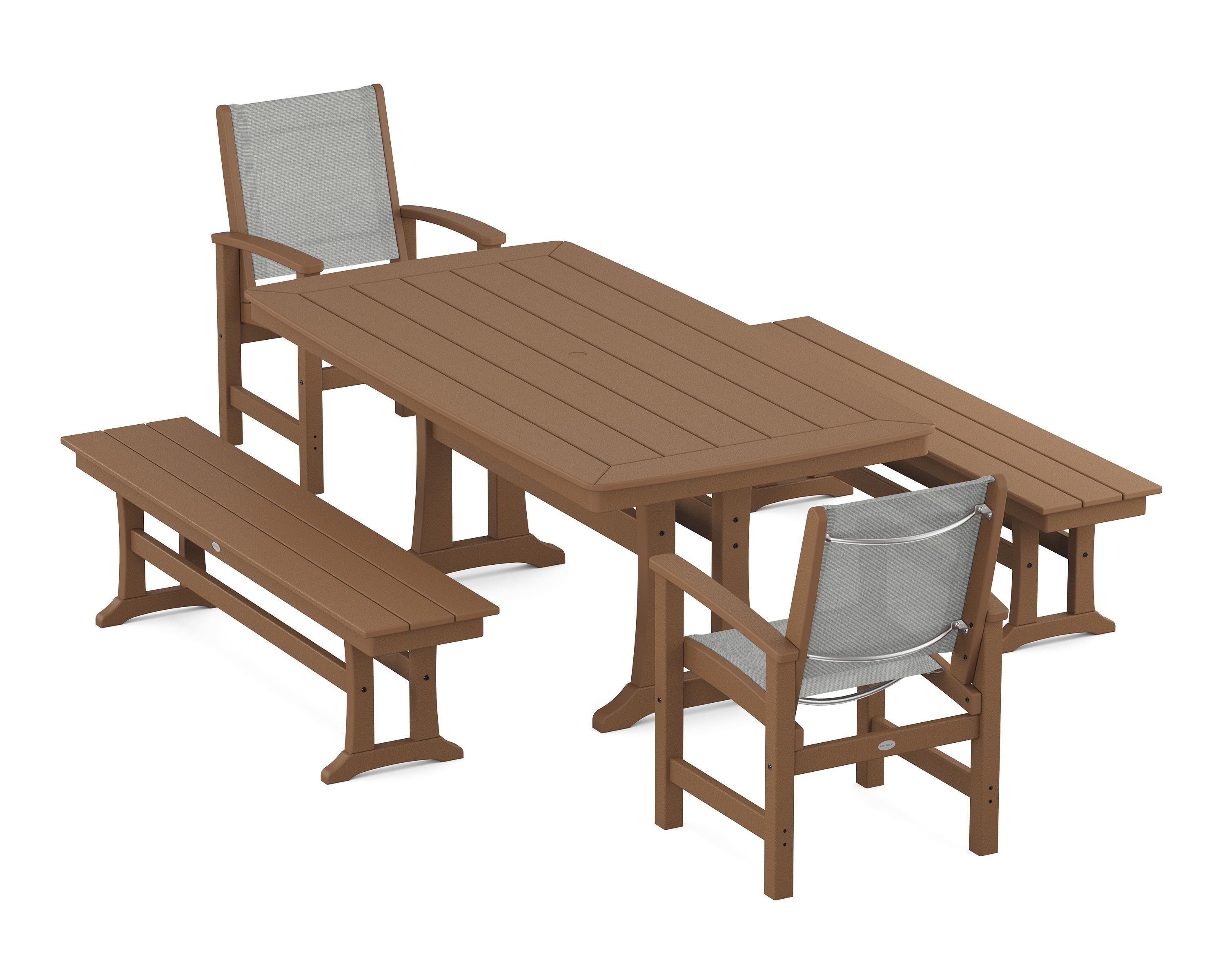 POLYWOOD Coastal 5-Piece Dining Set with Trestle Legs and Benches in Teak / Metallic Sling