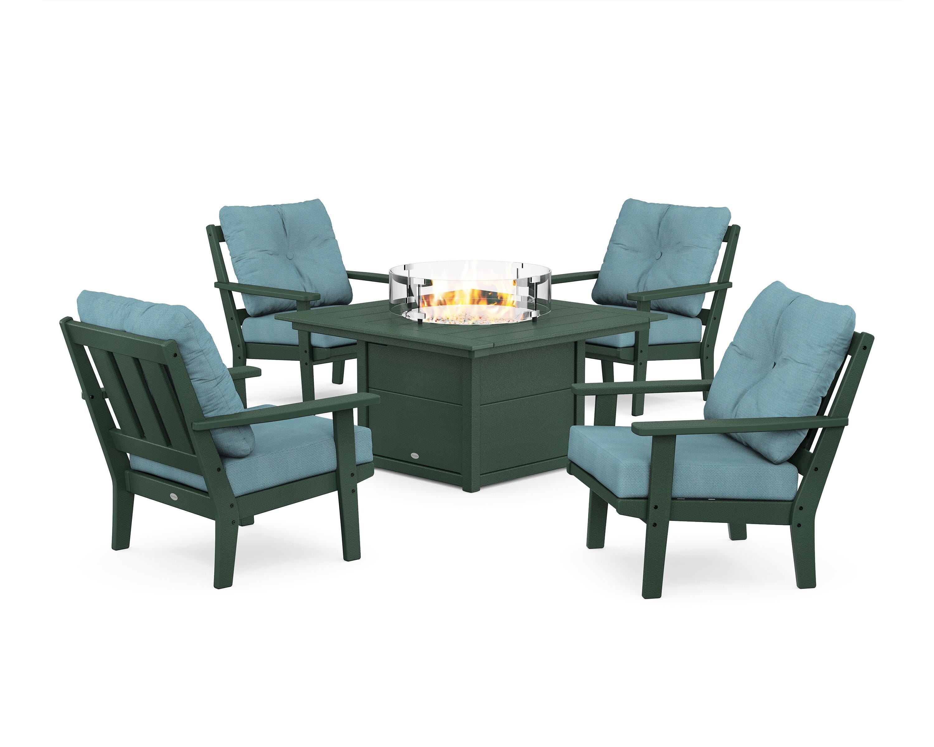 POLYWOOD Oxford 5-Piece Deep Seating Set with Fire Pit Table in Green / Lattice Sky Blue
