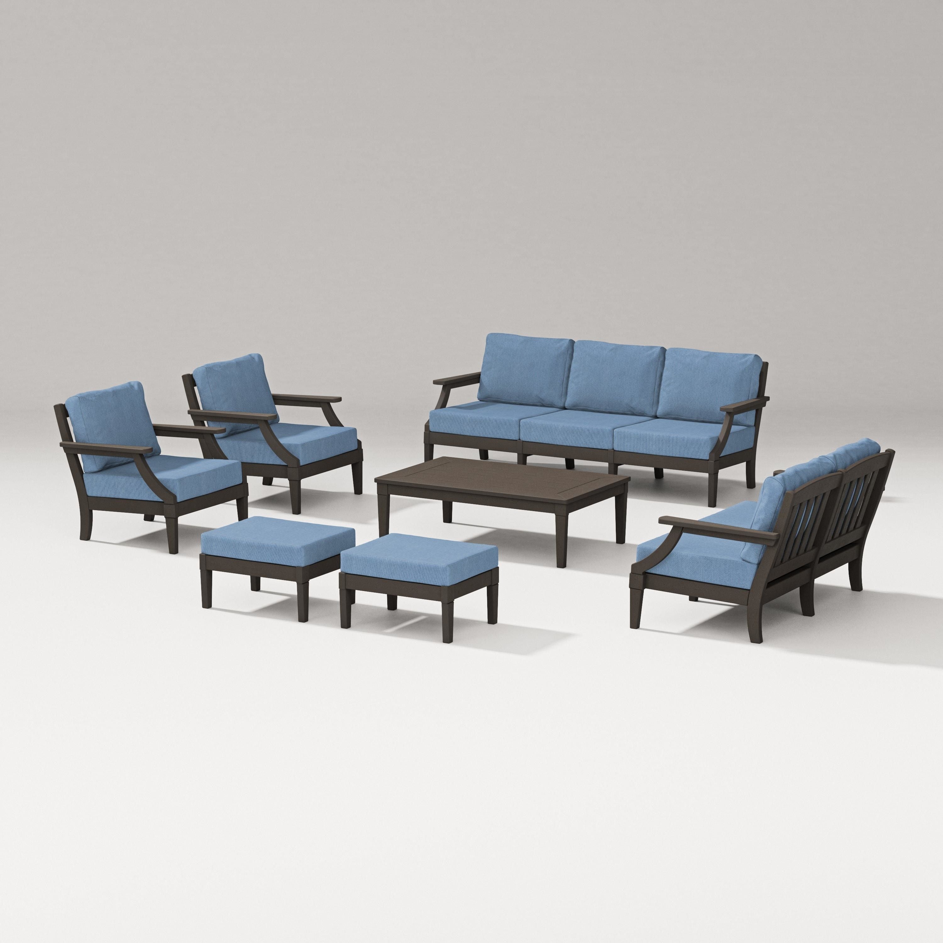 PW Designer Series Estate 7-Piece Lounge Sofa Set in Vintage Coffee / Sky Blue