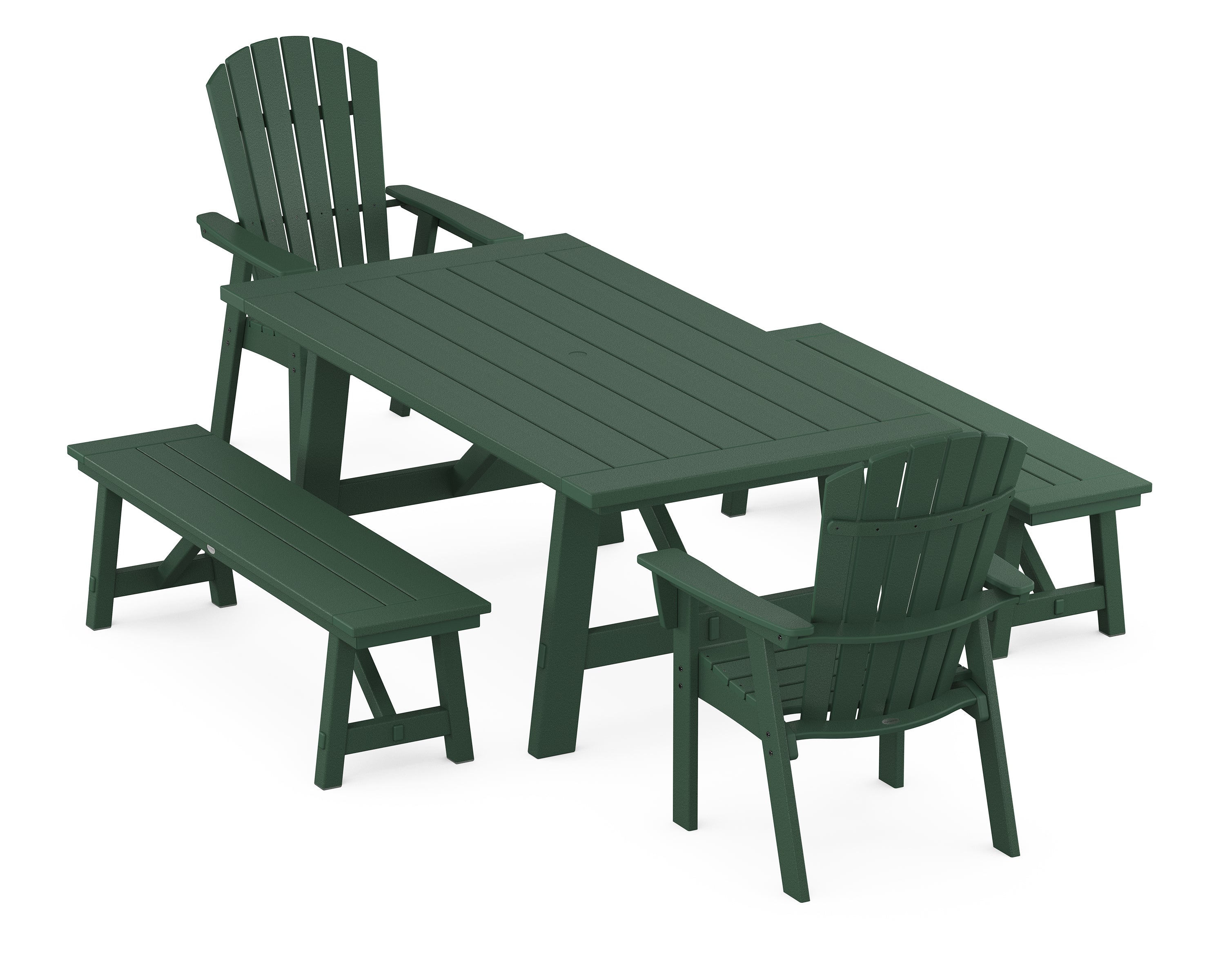 POLYWOOD® Nautical Curveback Adirondack 5-Piece Rustic Farmhouse Dining Set With Benches in Green