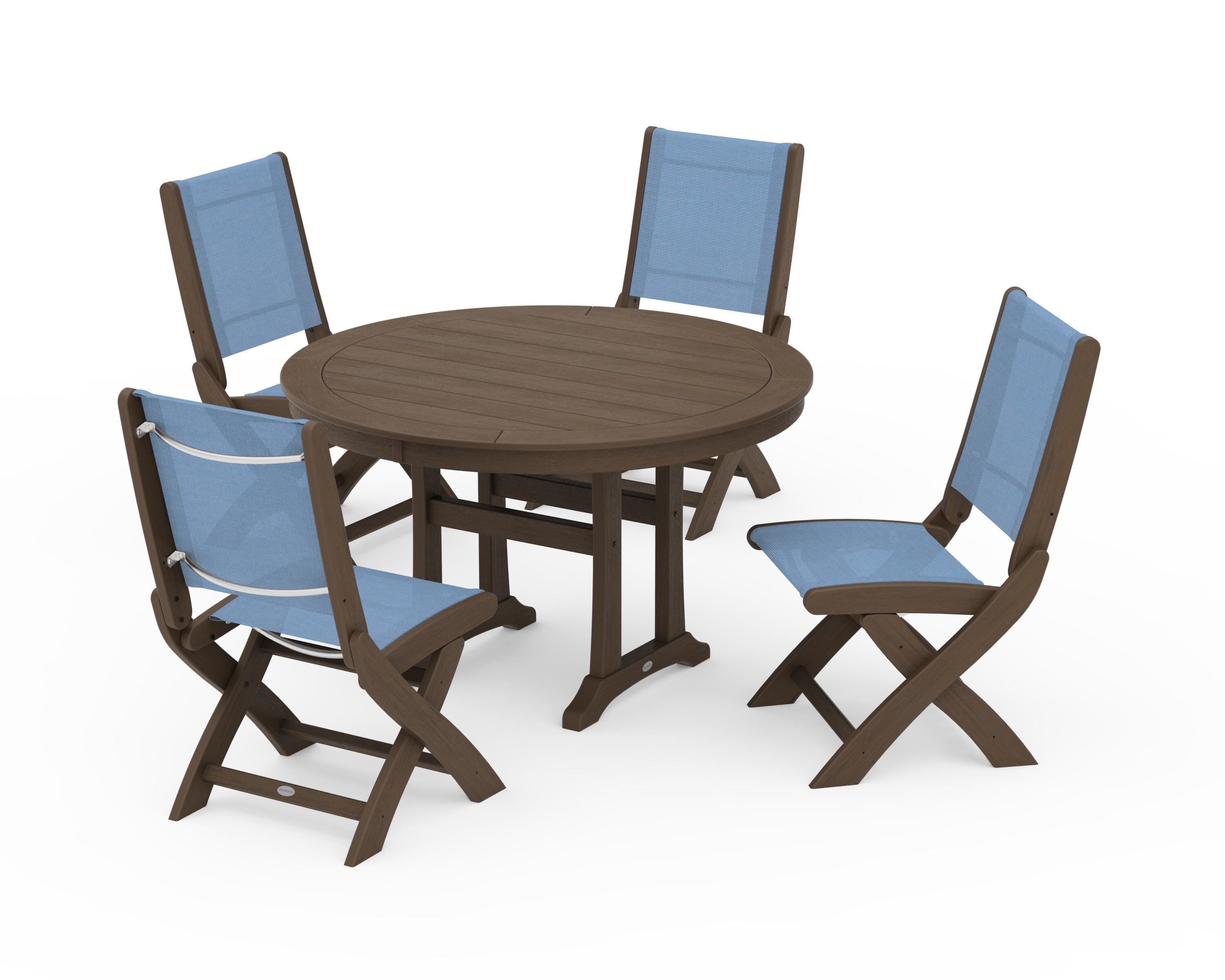 POLYWOOD Coastal Folding Side Chair 5-Piece Round Dining Set With Trestle Legs in Kona / Poolside Sling