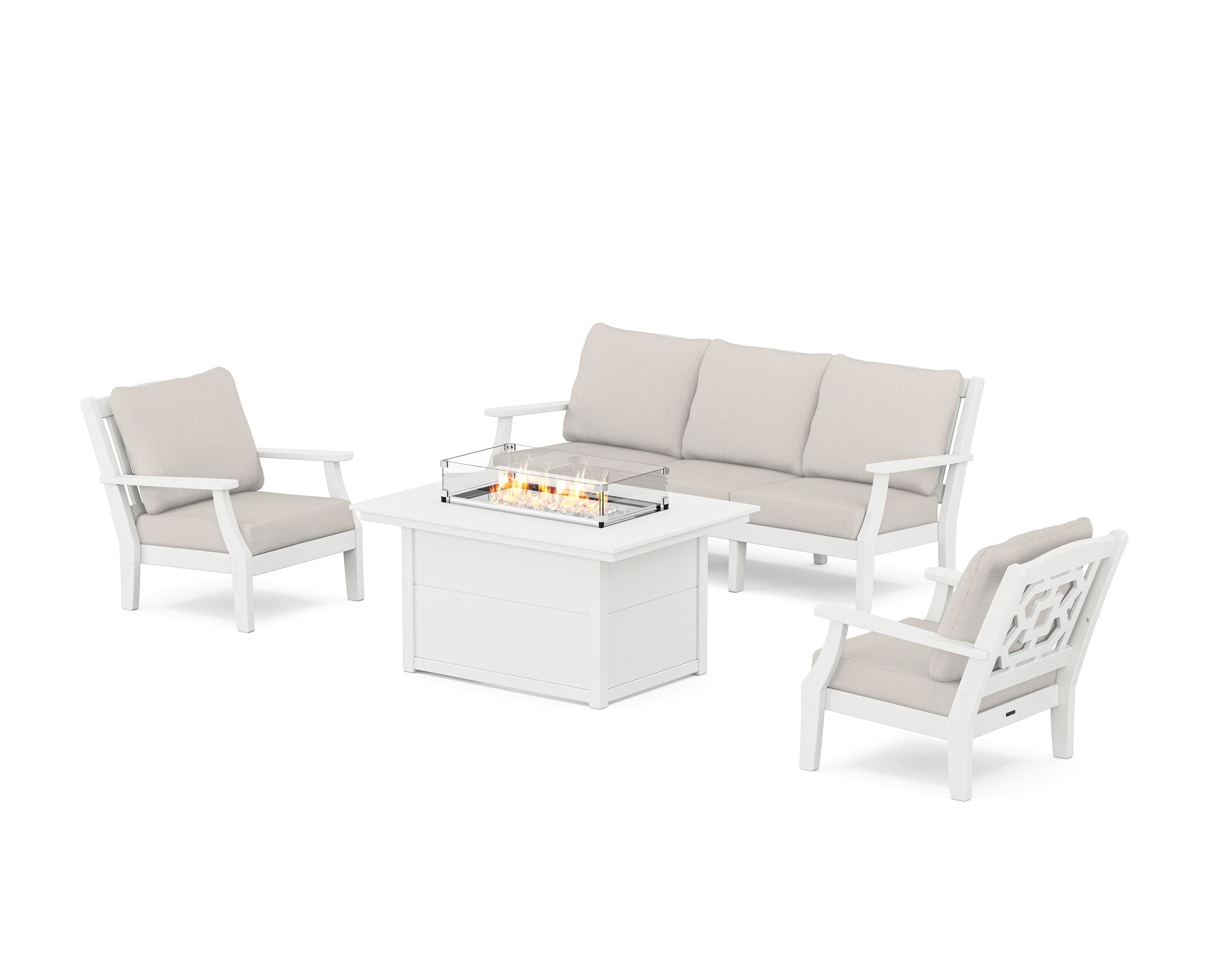 Martha Stewart by POLYWOOD Chinoiserie Deep Seating Fire Pit Table Set in White / Cast Ash