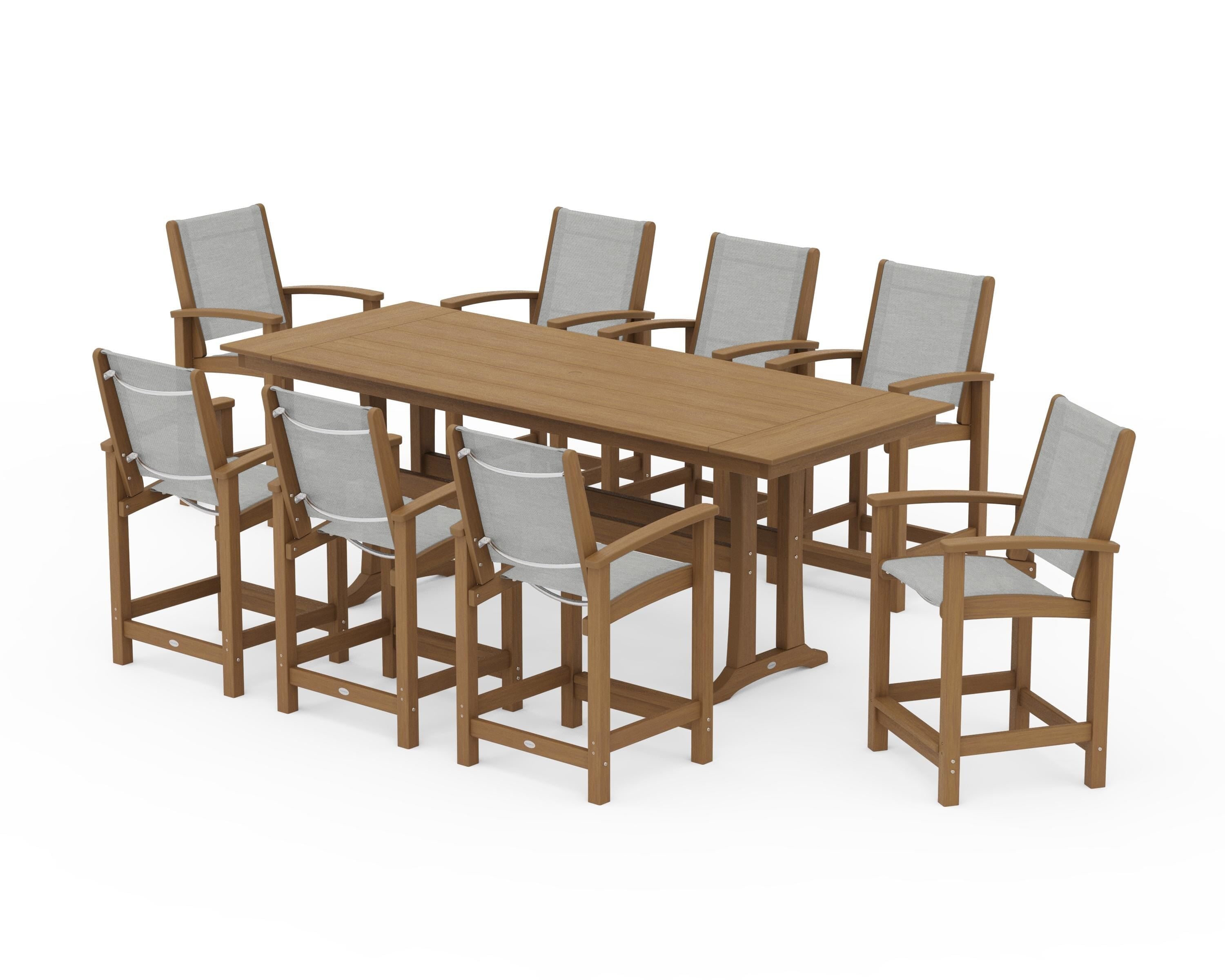 POLYWOOD Coastal 9-Piece Farmhouse Counter Set with Trestle Legs in Natural / Metallic Sling