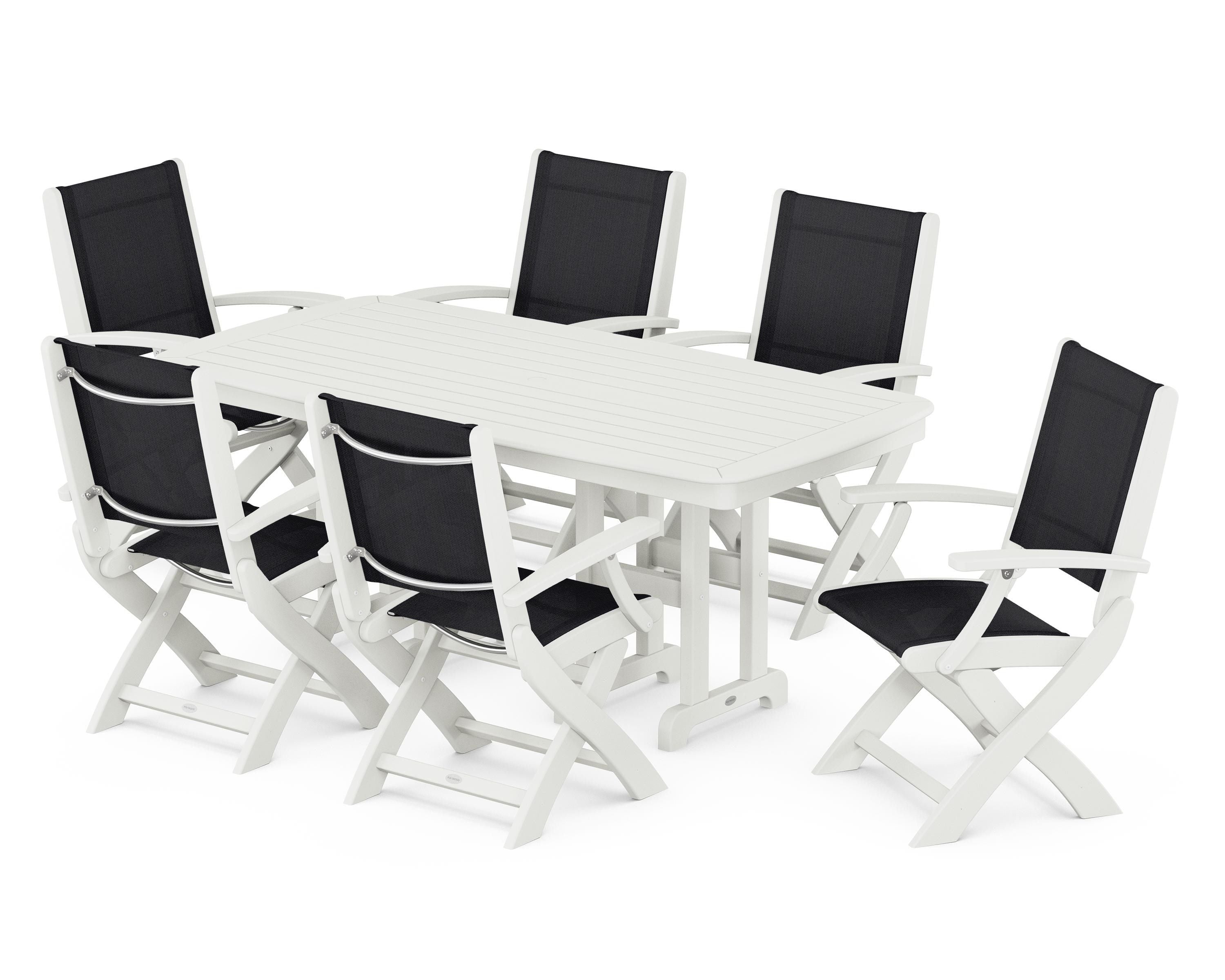 POLYWOOD Coastal Folding Arm Chair 7-Piece Dining Set in Vintage White / Black Sling