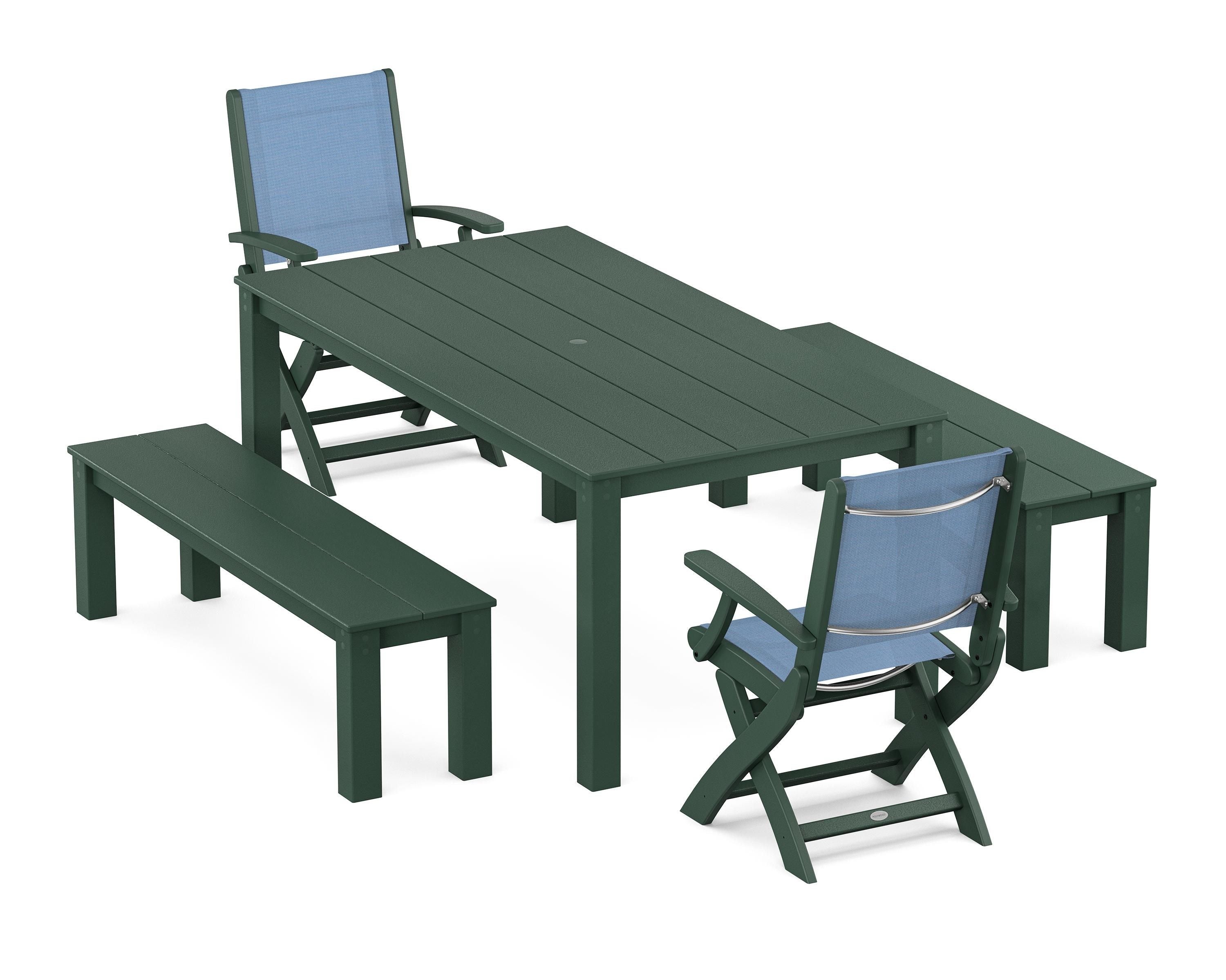 POLYWOOD Coastal Folding Chair 5-Piece Parsons Dining Set with Benches in Green / Poolside Sling