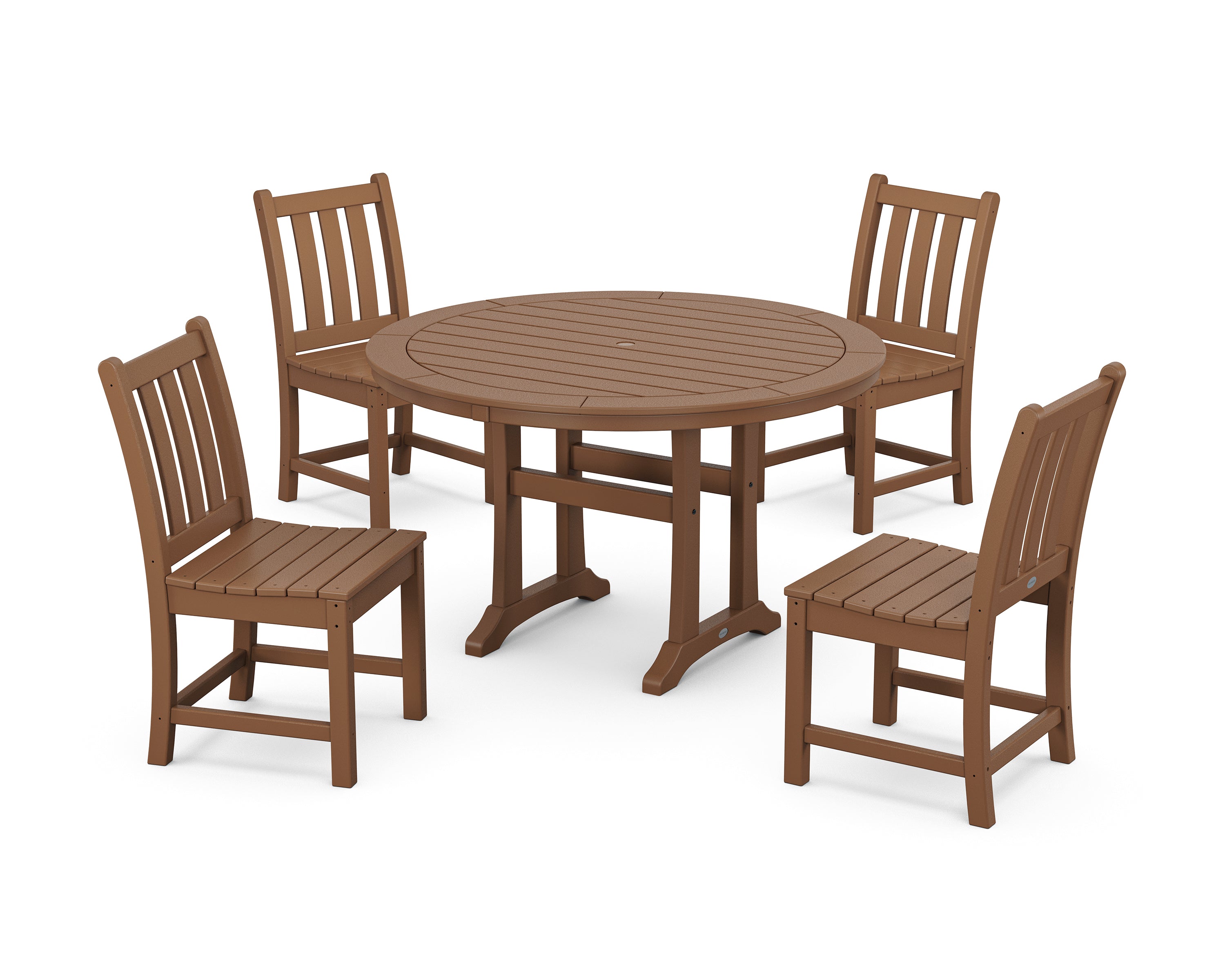 POLYWOOD® Traditional Garden Side Chair 5-Piece Round Dining Set With Trestle Legs in Teak