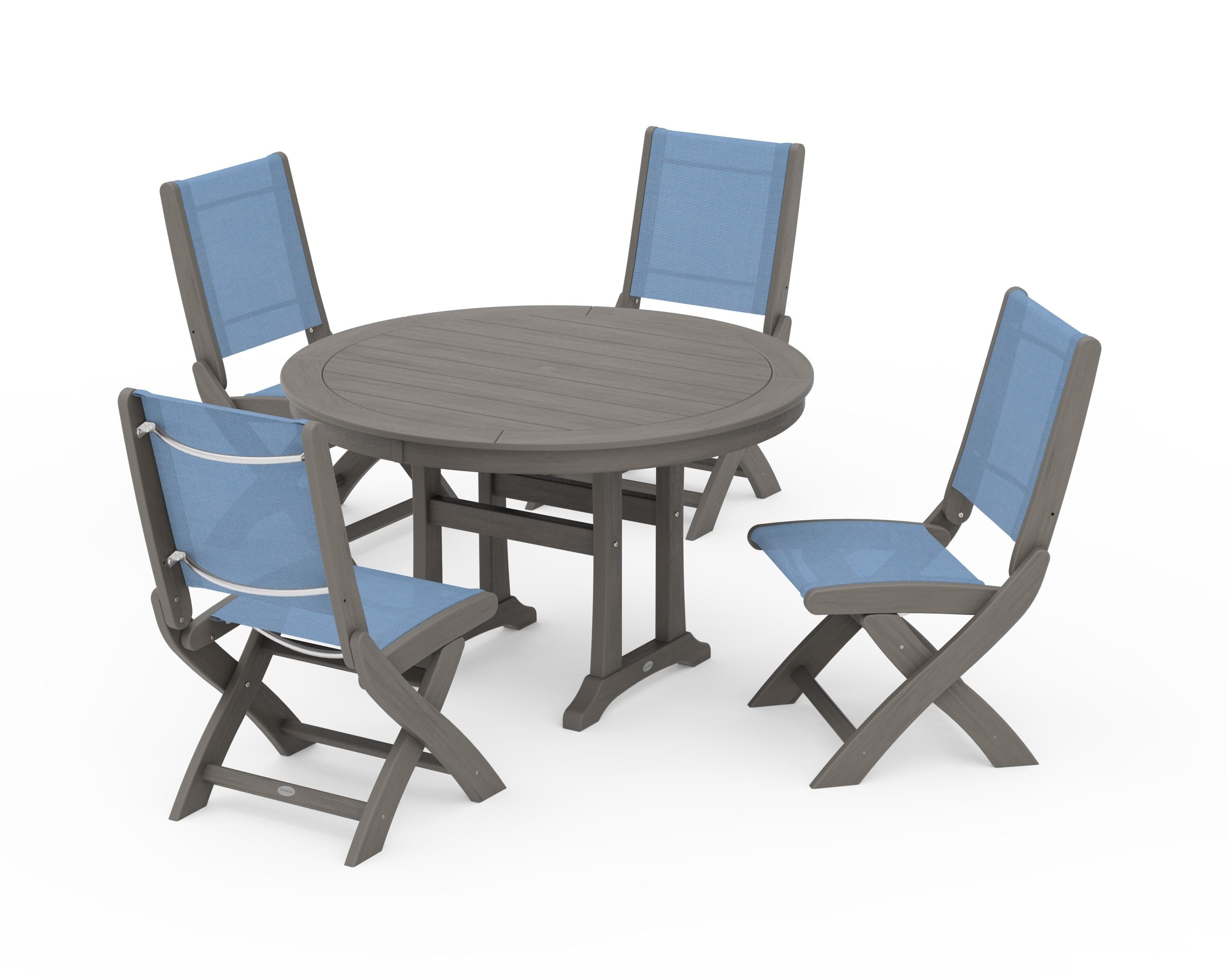 POLYWOOD Coastal Folding Side Chair 5-Piece Round Dining Set With Trestle Legs in Driftwood / Poolside Sling